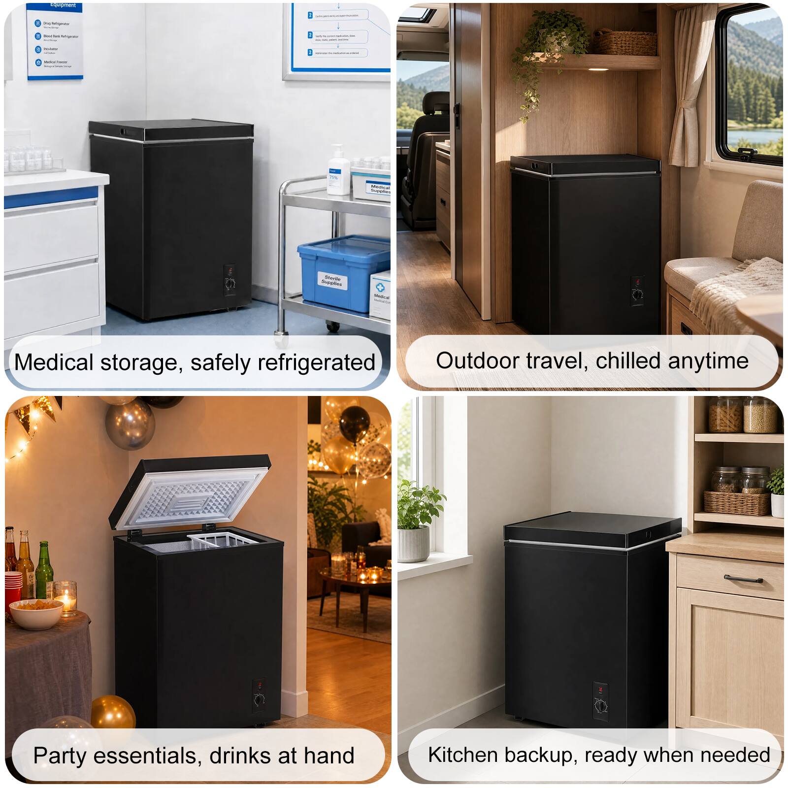 Medical storage, safely refrigerated  
Outdoor travel, chilled anytime  
Party essentials, drinks at hand  
Kitchen backup, ready when needed