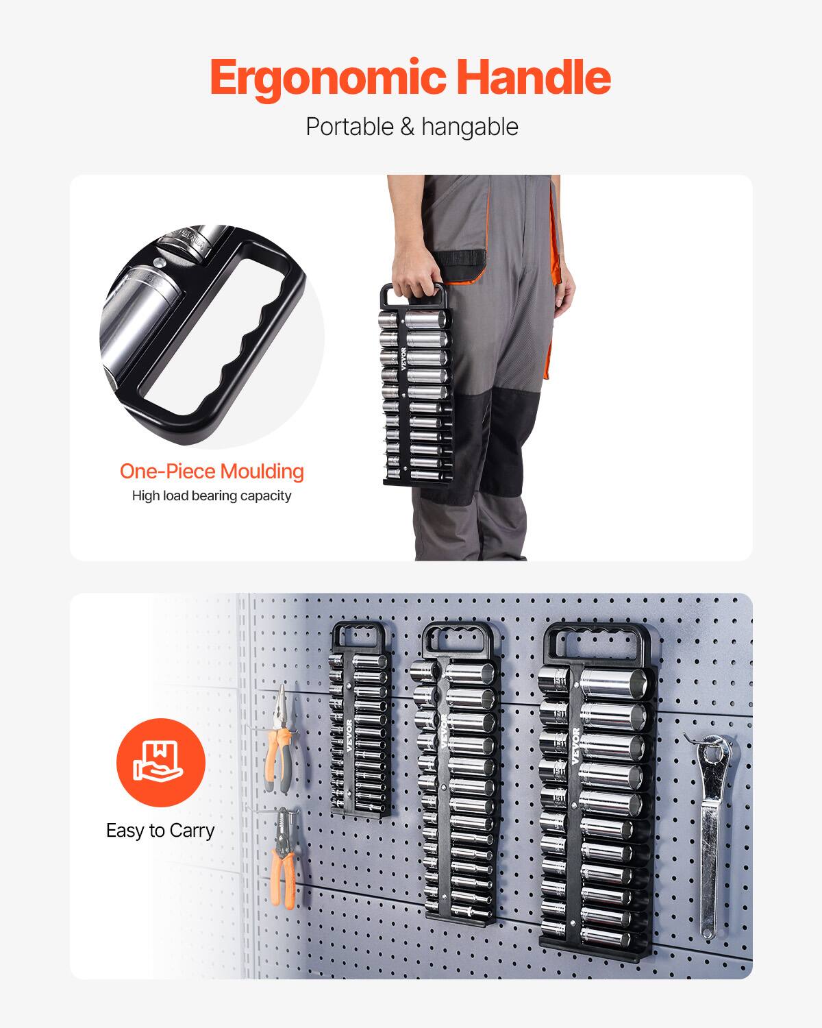 Ergonomic Handle  
Portable & hangable  

One-Piece Moulding  
High load bearing capacity  

Easy to Carry