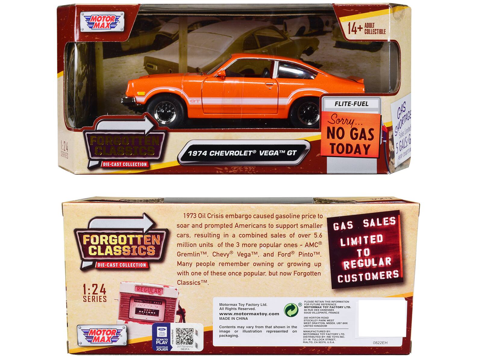 MOTOR MAX ADULT 14+ COLLECTIBLE FORGOTTEN 1:24 CLASSICS DIE-CAST COLLECTION GT 1974 CHEVROLET VEGA GT FLITE-FUEL CAS

Sorry... NO GAS TODAY

1973 Oil Crisis embargo caused gasoline price to soar and prompted Americans to support smaller GAS SALES cars, resulting in a combined sales of over 5.6 million units of the 3 more popular ones - AMC Gremlin™, Chevy Vega™, and Ford Pinto™. Many people remember owning or growing up with one of these once popular, but now Forgotten Classics™

MOTOR MAX TOY FACTORY LTD. All Rights Reserved

MADE IN CHINA

www.motormaxtoy.com

2070191F