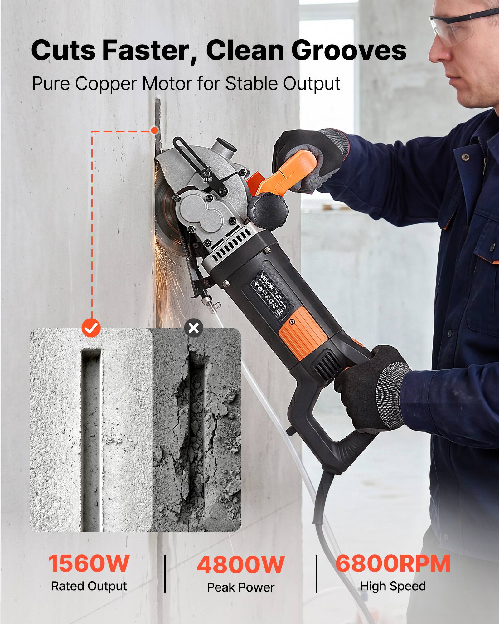 Cuts Faster, Clean Grooves  
Pure Copper Motor for Stable Output  

VEVOR  
1560W Rated Output  
4800W Peak Power  
6800RPM High Speed
