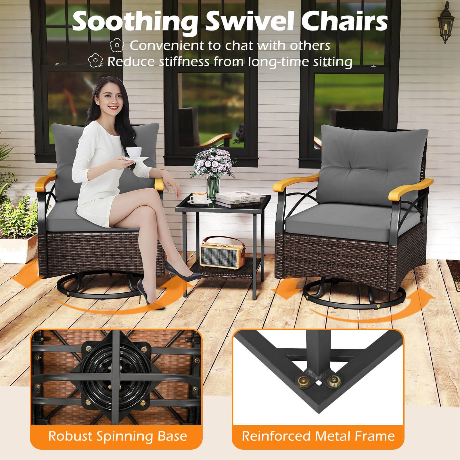 Soothing Swivel Chairs

- Convenient to chat with others
- Reduce stiffness from long-time sitting

Robust Spinning Base

Reinforced Metal Frame
