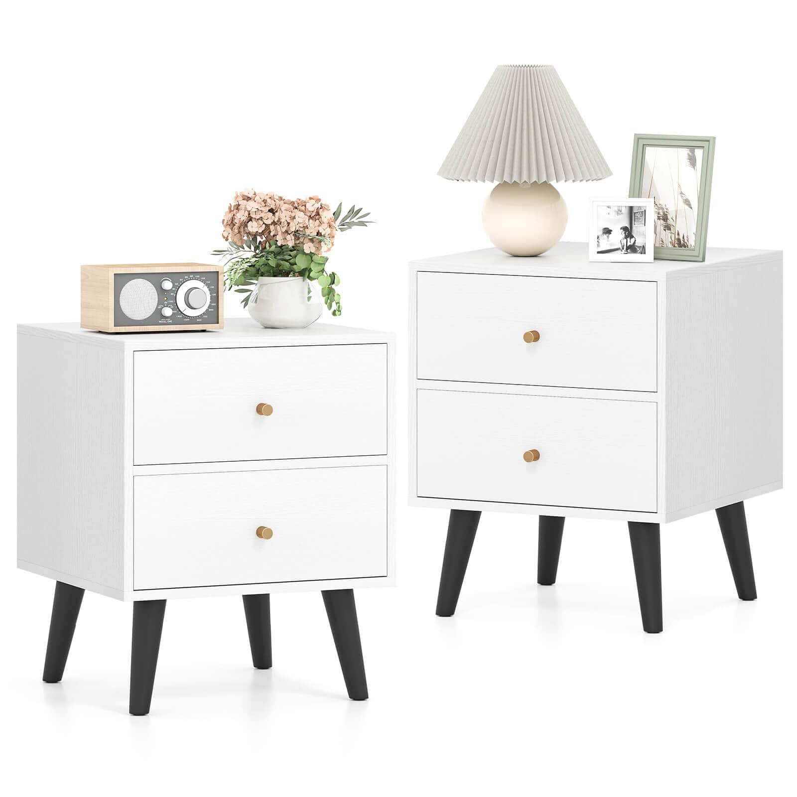 Costway - Nightstand with 2 Drawer with Storage, Small Accent Table with Golden Knobs - White