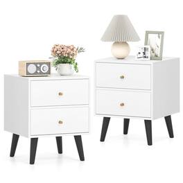 Costway - Nightstand with 2 Drawer with Storage, Small Accent Table with Golden Knobs - White
