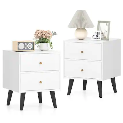 Front. Costway - Costway Nightstand with 2 Drawer with Storage, Small Accent Table with Golden Knobs - White.
