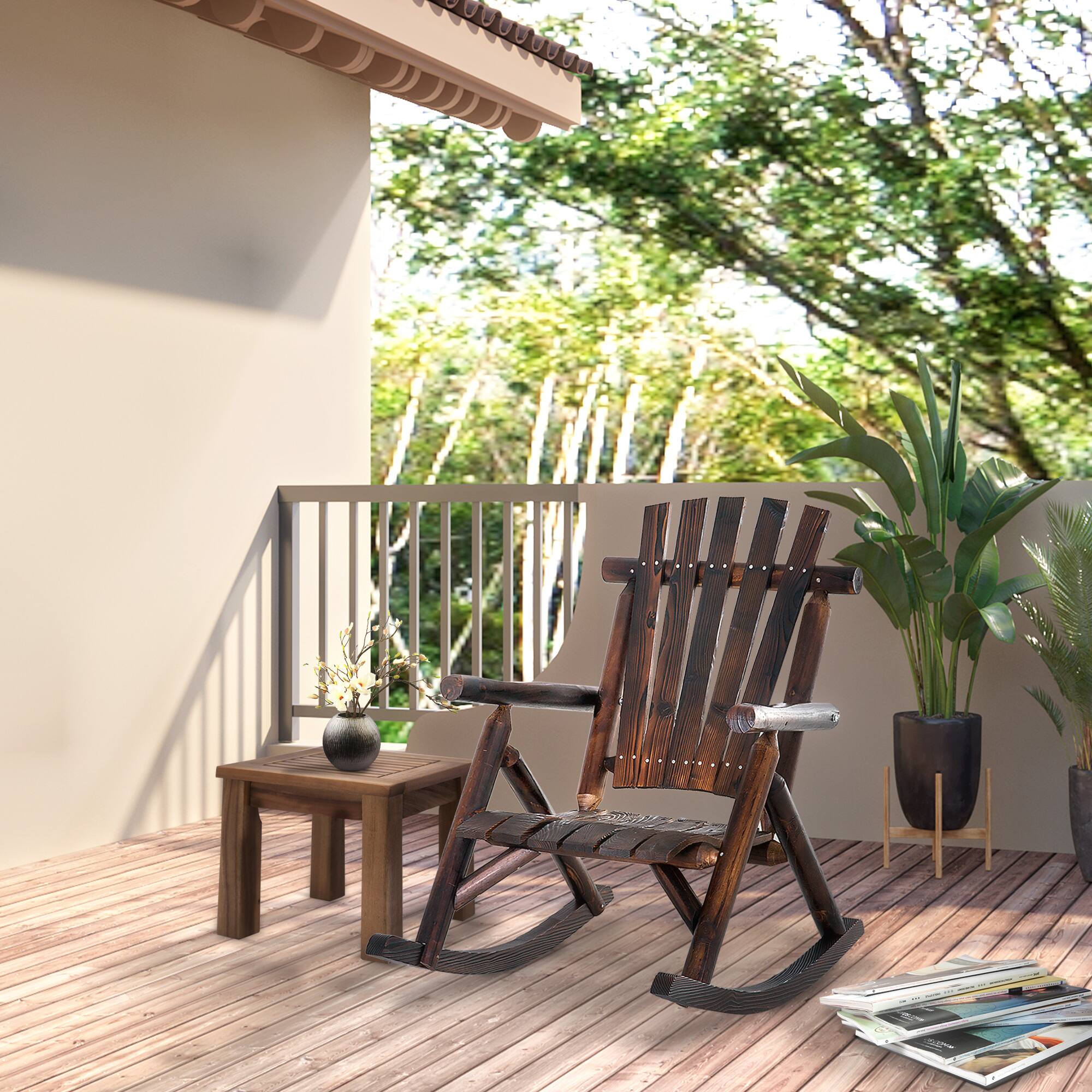 Angle. Outsunny - Outdoor Wooden Rocking Chair, Single-Person Rustic Adirondack Rocker with Slatted Seat, High Backrest - Carbonized.