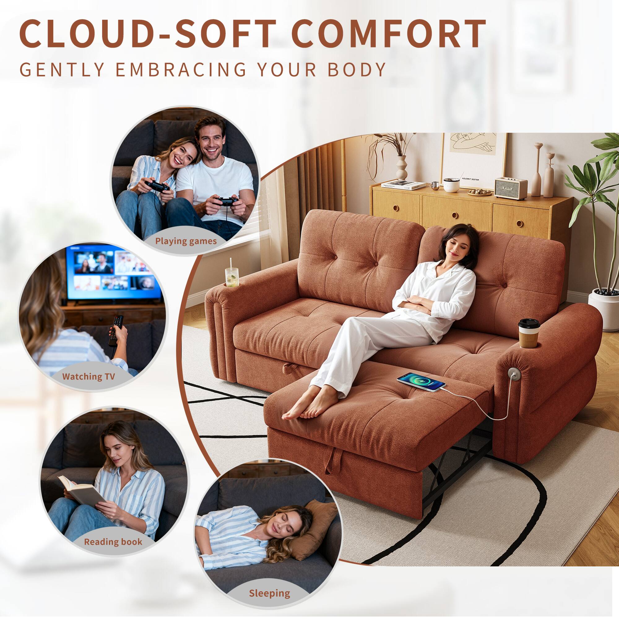 CLOUD-SOFT COMFORT GENTLY EMBRACING YOUR BODY

Playing games  
Watching TV  
Reading book  
Sleeping