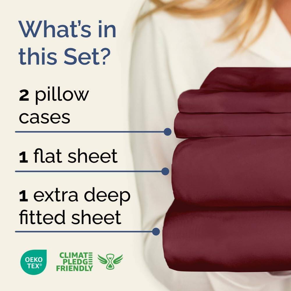 What's in this Set?

- 2 pillow cases
- 1 flat sheet
- 1 extra deep fitted sheet

CLIMATE PLEDGE FRIENDLY

OEKO TEX