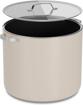 Bakken- Swiss - 12.5 Qt Aluminum Stock Pot, Nonstick Ceramic Coating, PTFE & PFAS Free, Oven Safe 500°F, SS Handles, Glass Lid - Cream