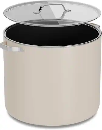 Front. Bakken- Swiss - 12.5 Qt Aluminum Stock Pot, Nonstick Ceramic Coating, PTFE & PFAS Free, Oven Safe 500°F, SS Handles, Glass Lid - Cream.