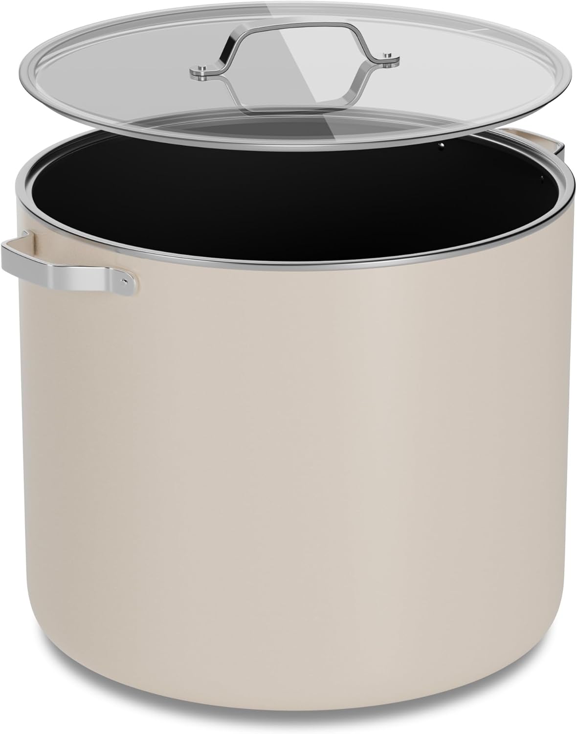 Front. Bakken- Swiss - 12.5 Qt Aluminum Stock Pot, Nonstick Ceramic Coating, PTFE & PFAS Free, Oven Safe 500°F, SS Handles, Glass Lid - Cream.