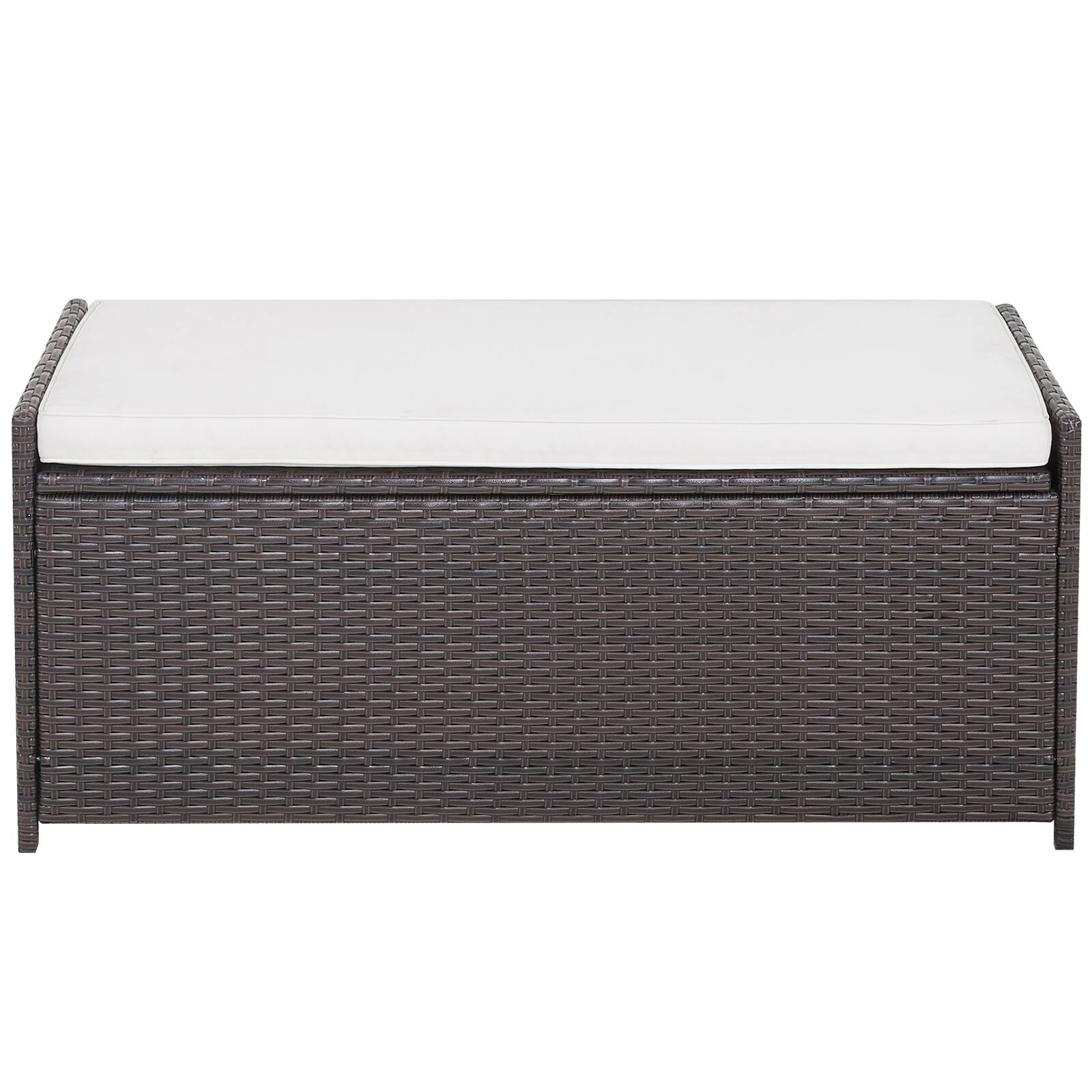 Left. WELLFOR - 34 Gallon Patio Storage Bench with Seat Cushion and Zippered Liner - Brown.