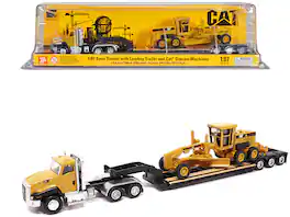 Diecast Masters - CAT Caterpillar CT660 Day Cab Tractor Yellow with Lowboy Trailer and CAT 163H Motor Grader Yellow 1/87 (HO) Diecast - Yellow