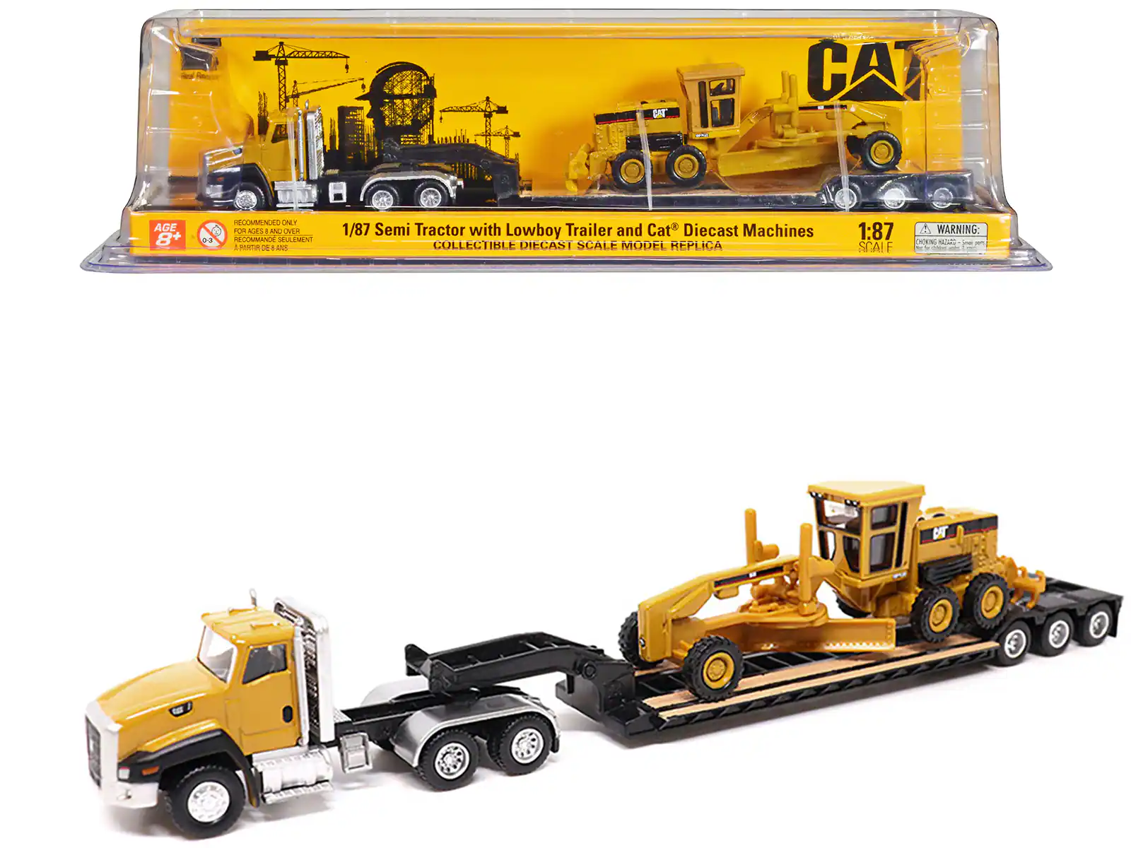 CAT
1/87 Semi Tractor with Lowboy Trailer and Cat® Diecast Machines
COLLECTIBLE DIECAST SCALE MODEL REPLICA
AGE 8+
RECOMMENDED ONLY FOR AGES 8 AND OVER
A PARTIR DE 8 ANS
1:87 SCALE
WARNING: CHOKING HAZARD - Small parts. Not for children under 3 years.