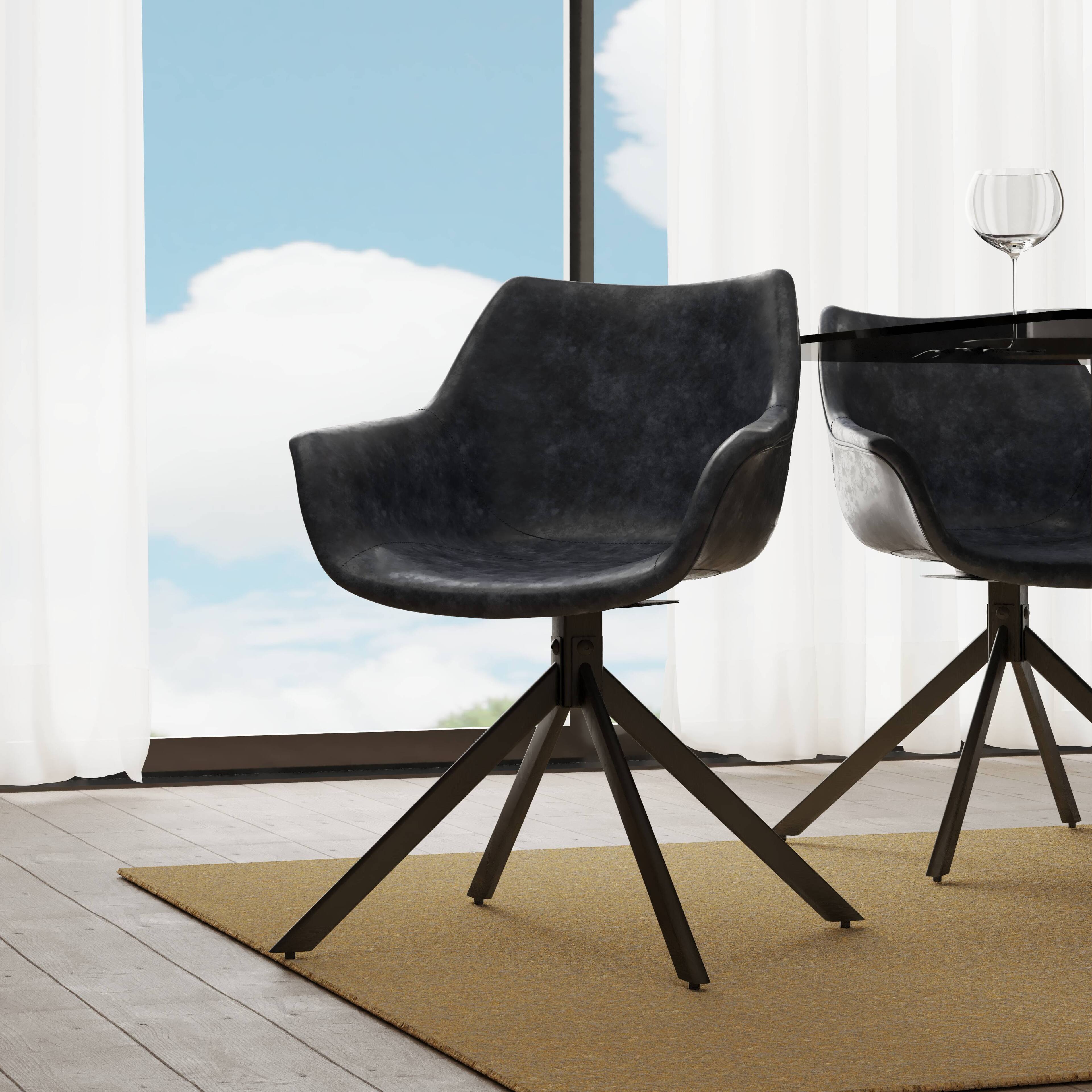 Angle. LeisureMod - Markley 2-PCS Distressed Leather Swivel Accent Side Chair - Metal Base - Black.
