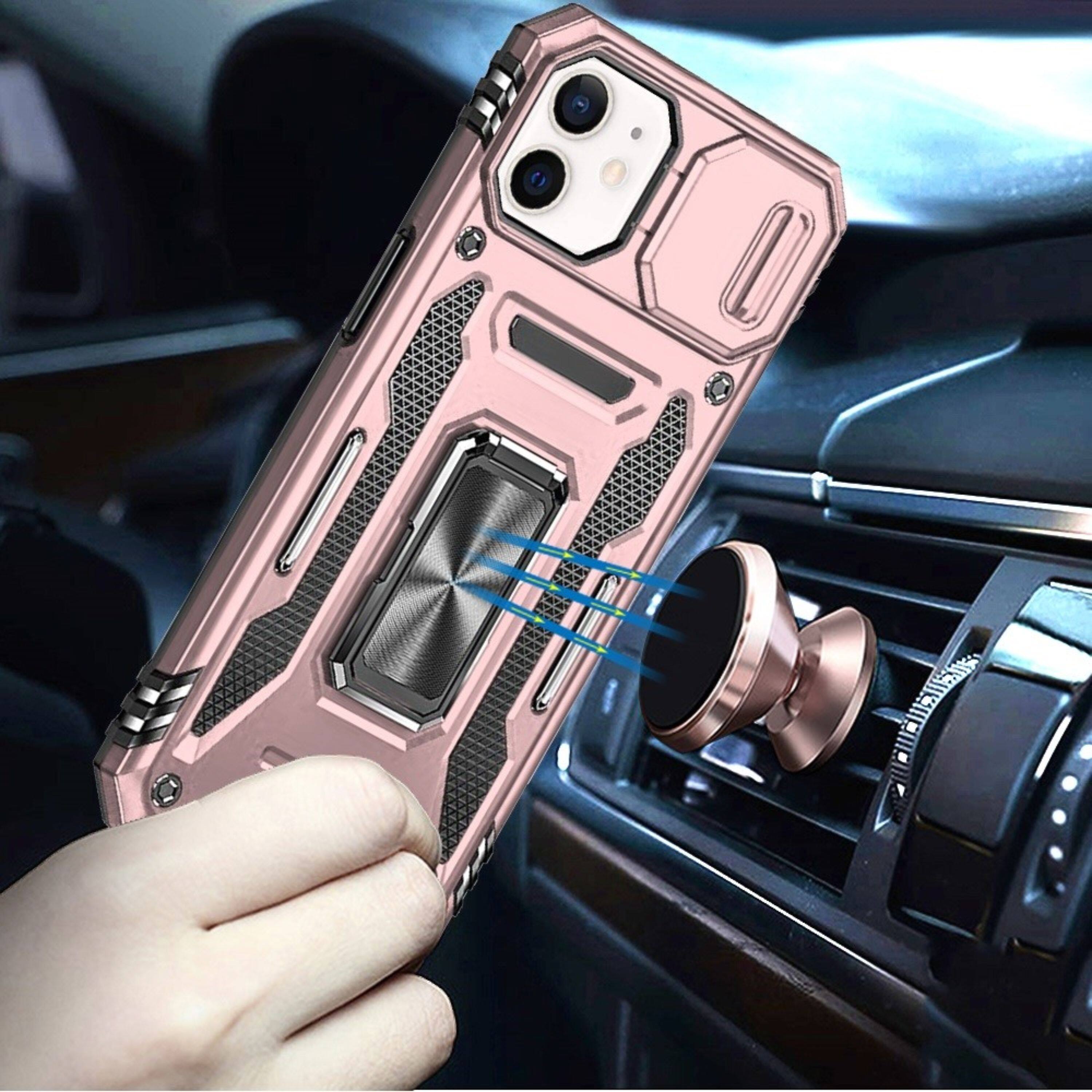 Angle. Kitcheniva - Dual Layer Shockproof Sliding Lens Cover Magnetic Ring Stand Phone Case With Tempered Glass For iPhone 12/12 Pro Rose Go - Rose Gold.