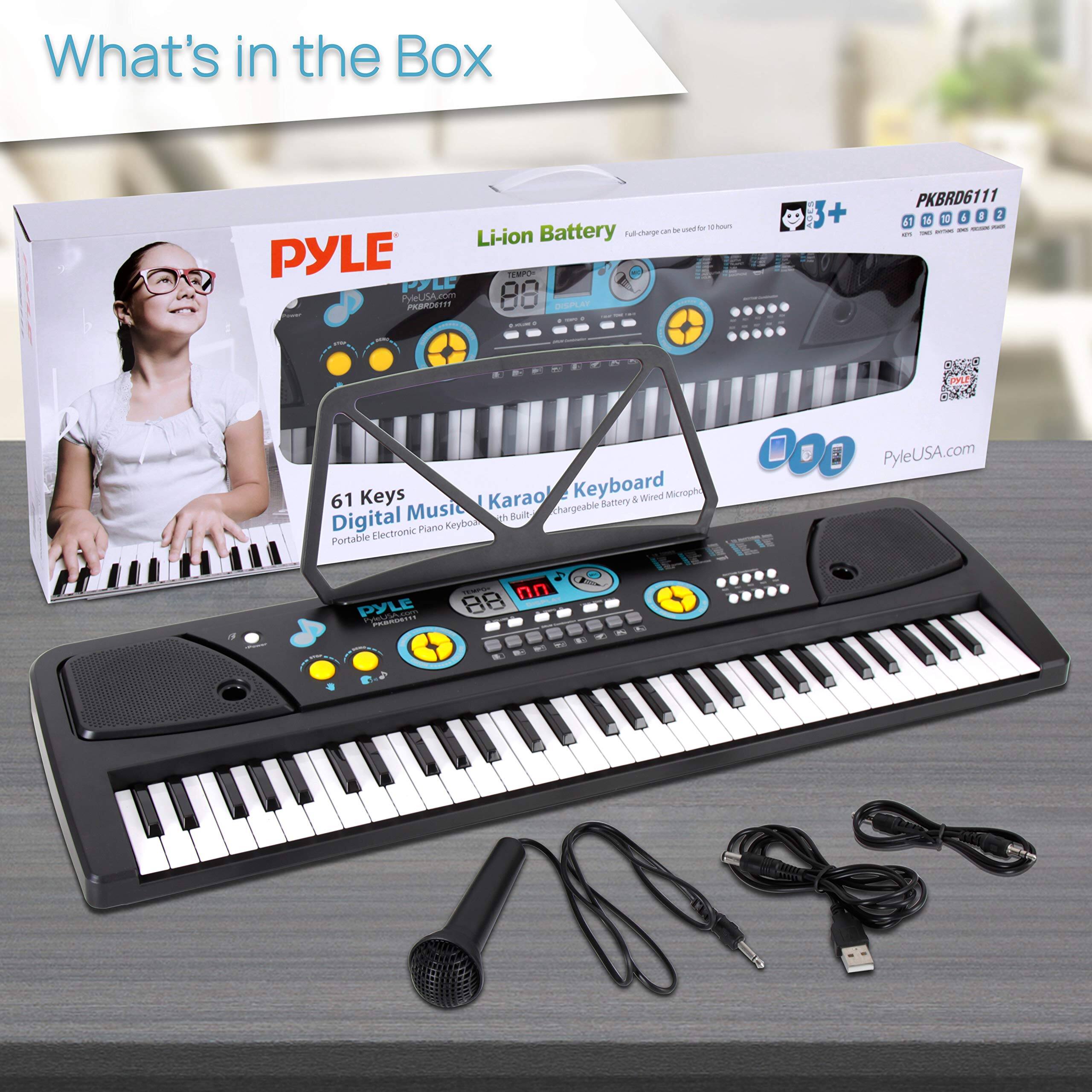 What's in the Box

- PYLE Li-ion Battery
- PYLE PKBR6111 61 Keys Digital Piano Keyboard
- Built-in Karaoke
- Portable Electronic Piano Keyboard
- Battery & Wired Microphone
- USB Cable
- AC Adapter
- User Manual

PYLEUSA.com