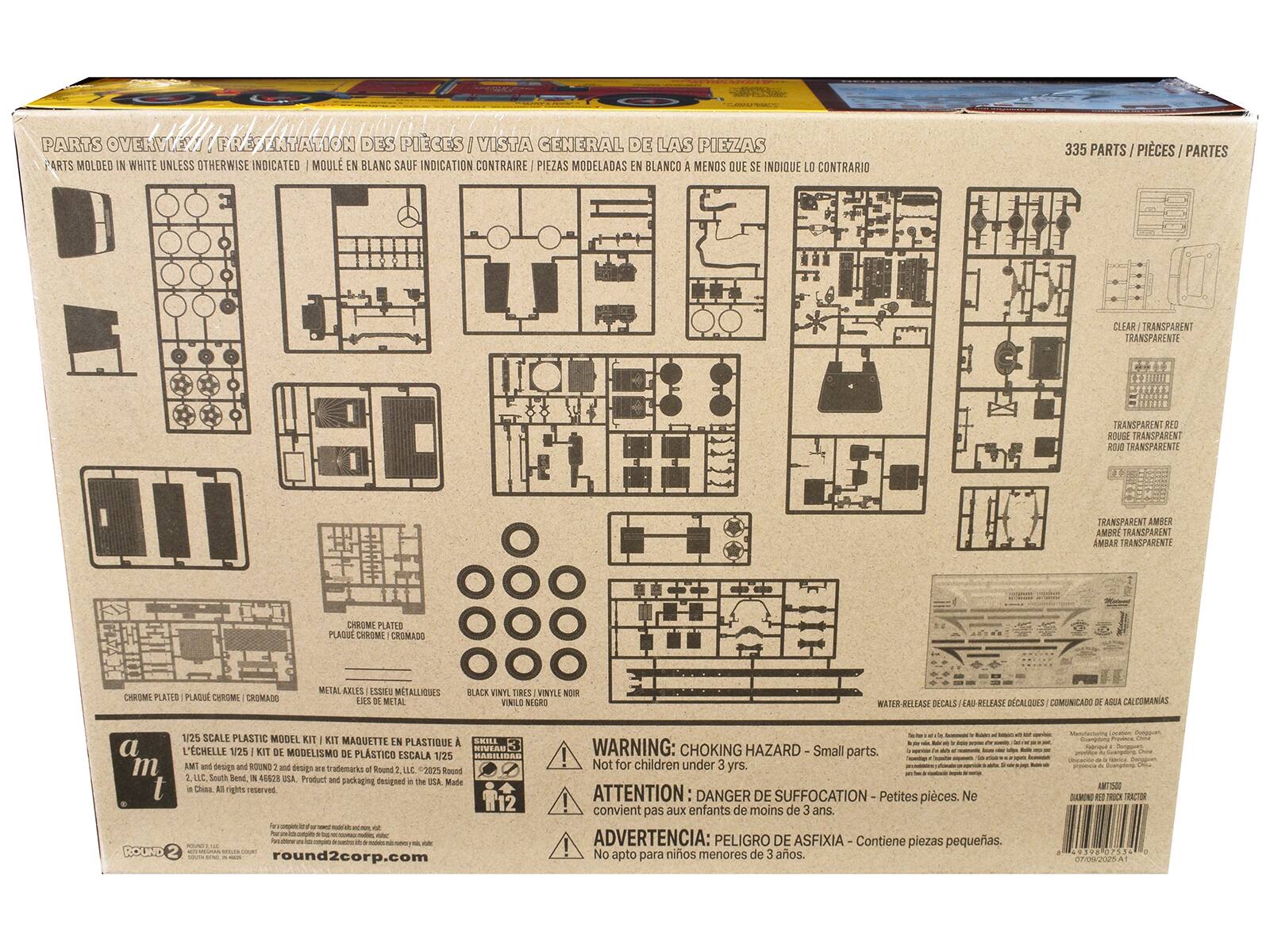 **Parts Overview / Présentation des Pièces / Vista General de las Piezas**

**Parts Molded in White Unless Otherwise Indicated / Moulé en Blanc Sauf Indication Contraire / Piezas Modeladas en Blanco a Menos que se Indique lo Contrario**

**335 Parts / Pièces / Partes**

**Clear / Transparente / Transparent**

**Transparent Red / Rouge Transparente / Rojo Transparente**

**Transparent Amber / Ambre Transparente / Amar Transparente**

**Chrome Plated / Plaque Chromée / Cromado**

**Metal Axles / Essieu Métallique / Ejes de Metal**

**Black Vinyl Tires / Vinylo Negro / Pneus en Vinyle Noirs**

**Water-Release Decals / Eau-Release Decals / Comunicado de Agua Calcomanías**

**1/25 Scale Plastic Model Kit / Kit Maquette en Plastique à l'Échelle 1/25 / Kit de Modelismo de Plástico Escala 1/25**

**AMT and design and Round 2 and design are trademarks of Round 2, LLC. Product and packaging designed in the USA. Made