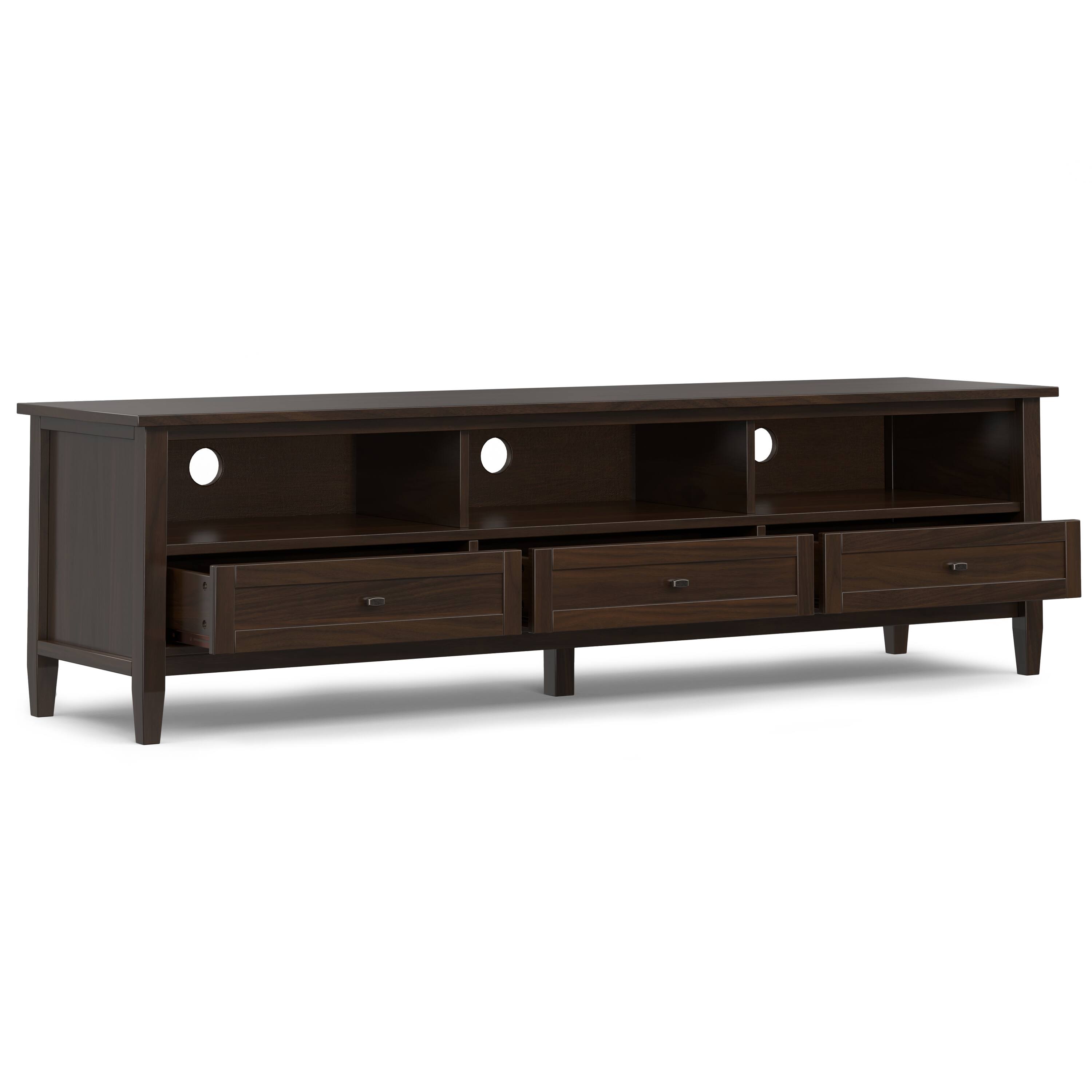 Left. Simpli Home - Warm Shaker SOLID WOOD 72 inch Low TV Media Stand in Tobacco Brown For TVs up to 80 inches - Tobacco Brown.