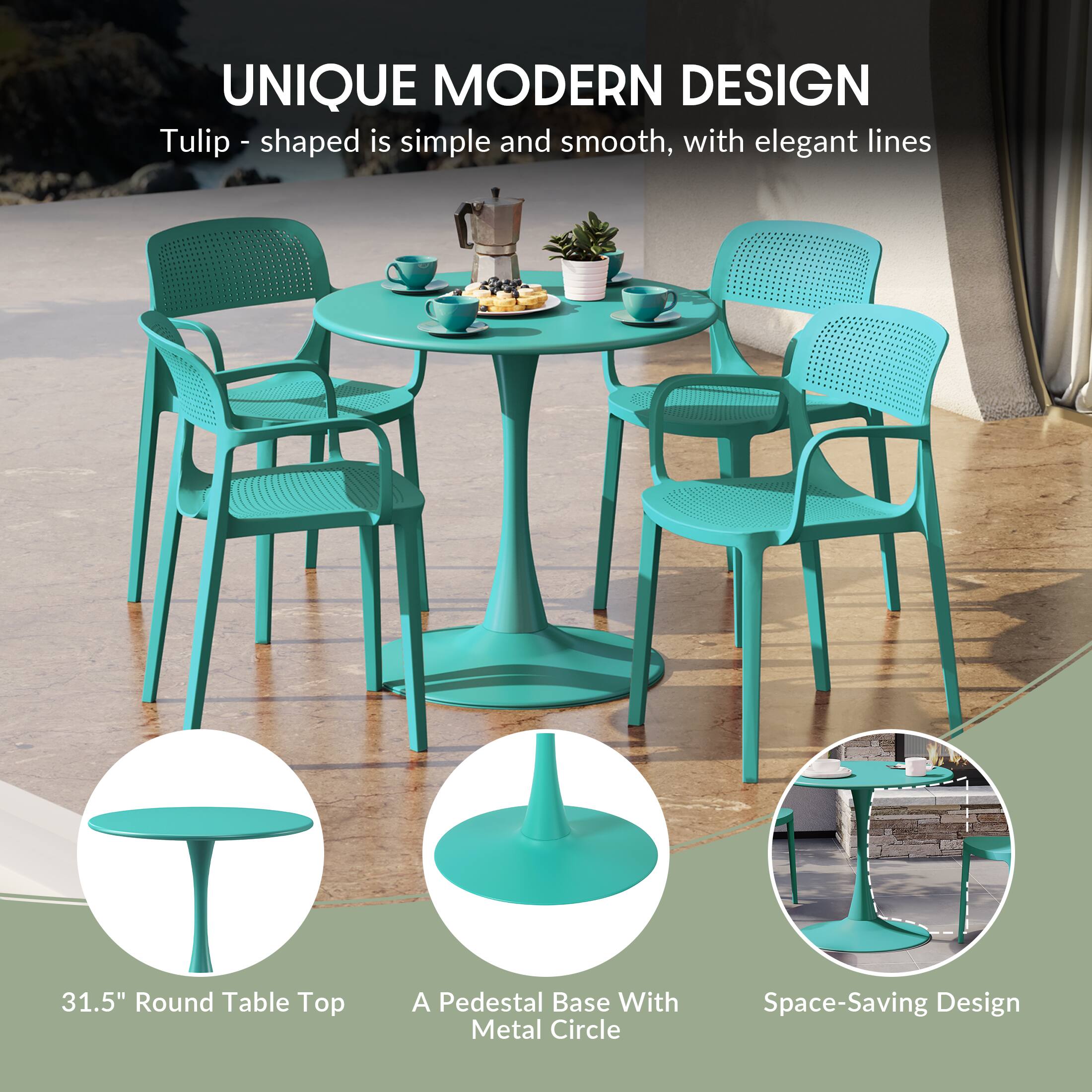 UNIQUE MODERN DESIGN  
Tulip - shaped is simple and smooth, with elegant lines  

31.5" Round Table Top  
A Pedestal Base With Metal Circle  
Space-Saving Design