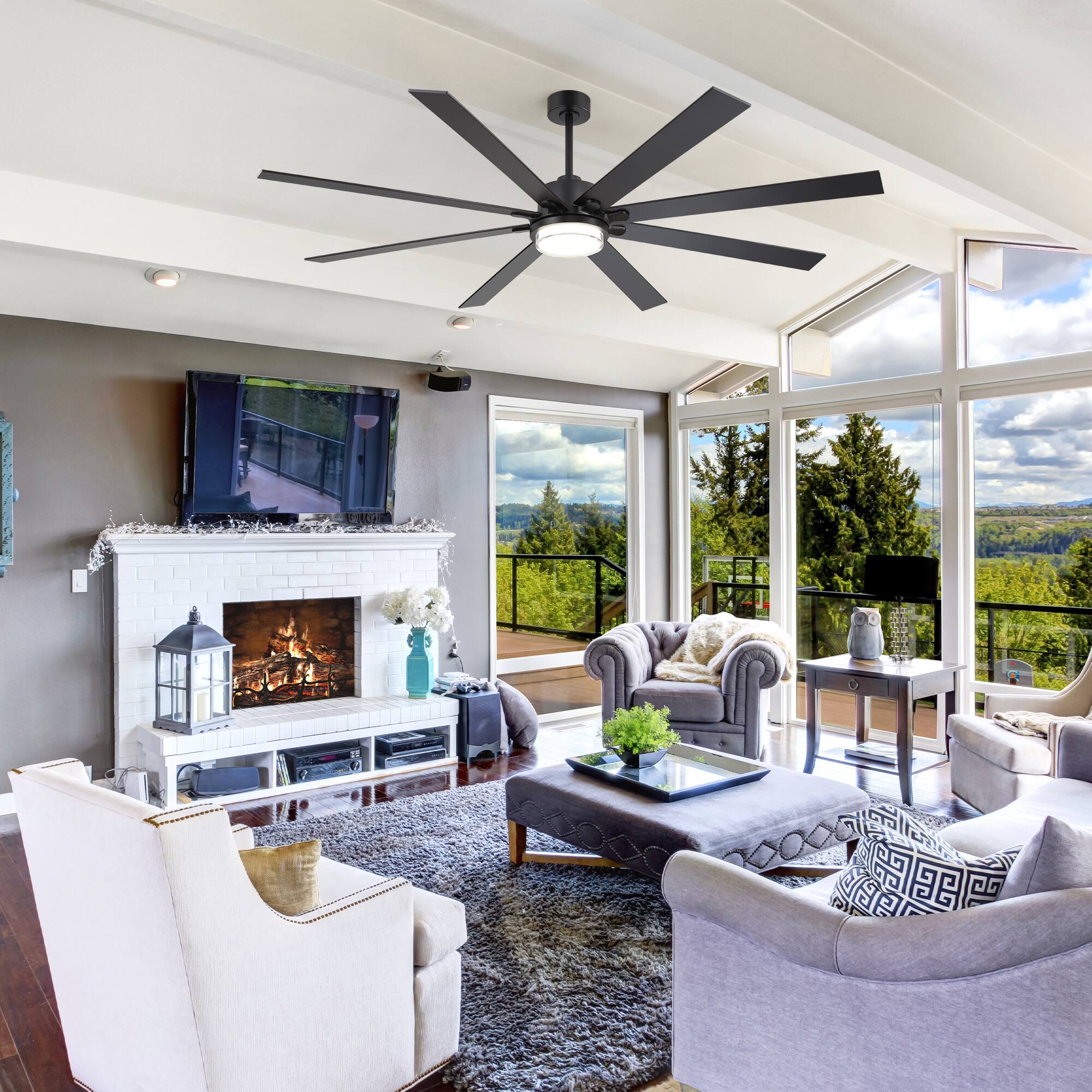 Alt View 1. Breezary - 80-Inch LED Ceiling Fan with Light, 8 Plywood Blades, DC Motor, Includes 6/12/23.4-Inch Downrods, Remote Control - matte black.