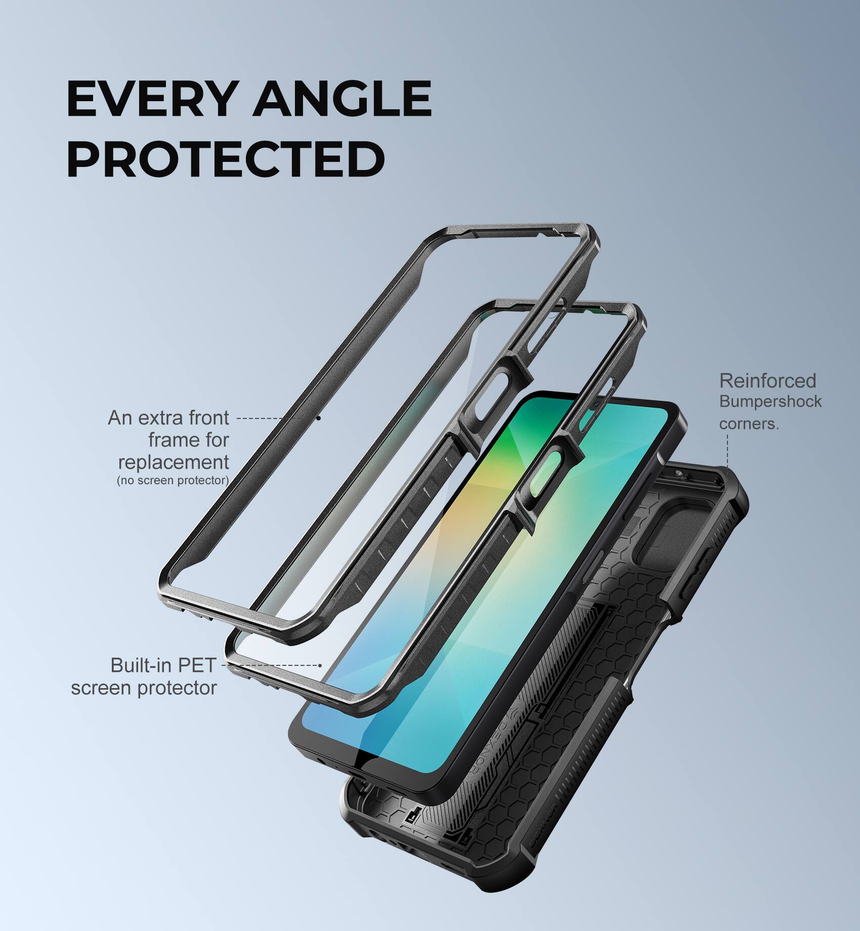 EVERY ANGLE PROTECTED

- An extra front frame for replacement (no screen protector)
- Built-in PET screen protector
- Reinforced Bumpershock corners.