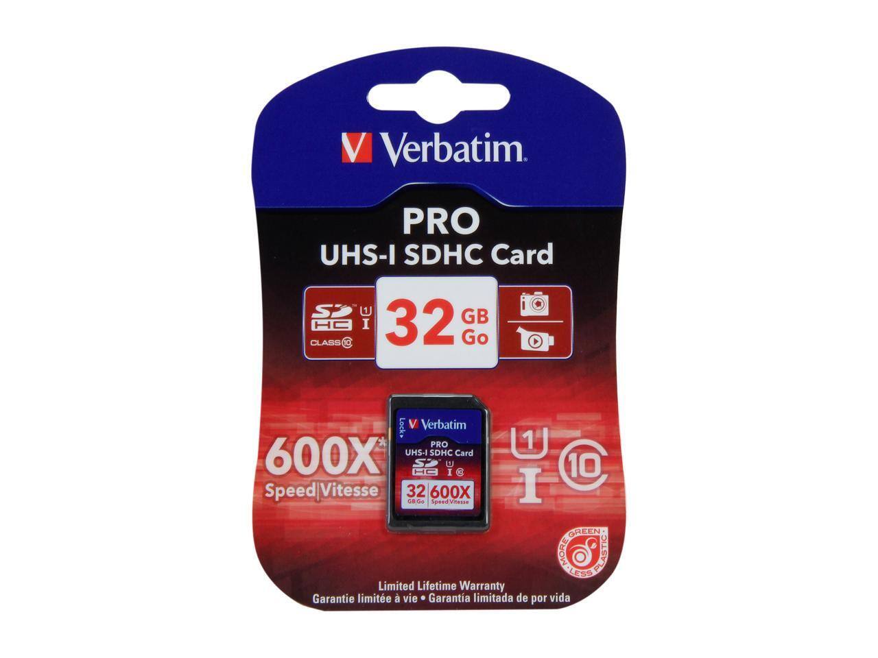V Verbatim. PRO UHS-I SDHC Card 32 GB CLASS 10 HC I 32 Go Lock+ V Verbatim PRO 1 1 600X UHS-I SDHC Card 10 HA I Speed Vitesse 32 ORG 600X SpeedVitesse I GREEN MORE PLASTIC LESS Limited Lifetime Warranty Garantie limitee vie Garantia limitada de por vida