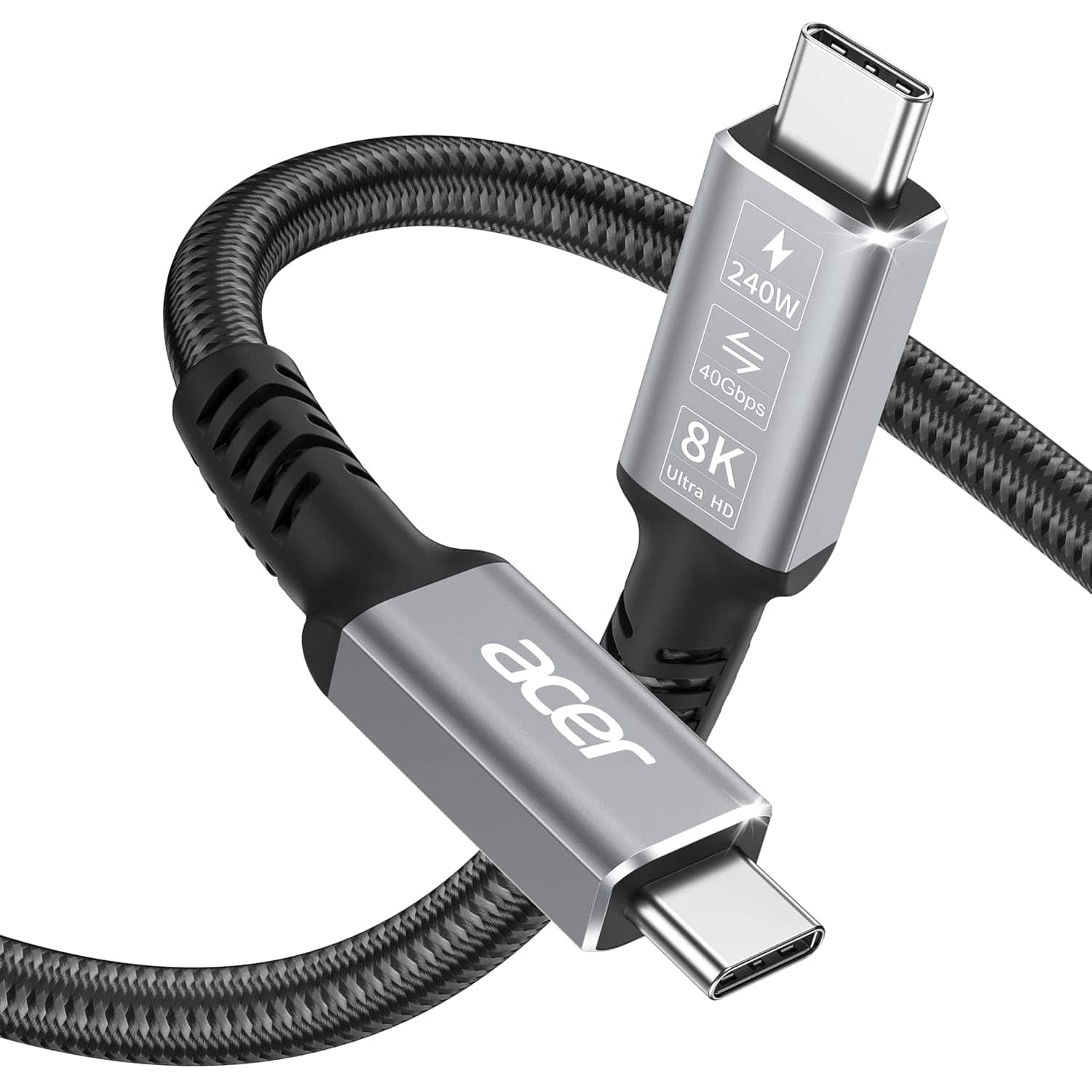 Acer - USB4 Cable 40Gbps, 8K@60Hz USB-C Video Cable, 240W Fast Charging Thunderbolt 4/3 Braided High Speed Cable(2.3FT)