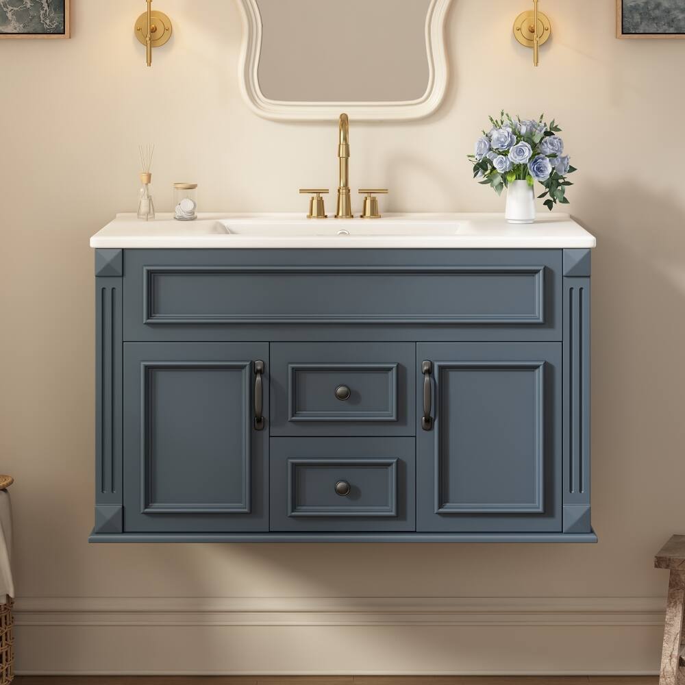 Left. Loheer - Loheer 36 inch wall mounted bathroom vanity Blue Floating Cabinet with Ceramic Sink - Blue.