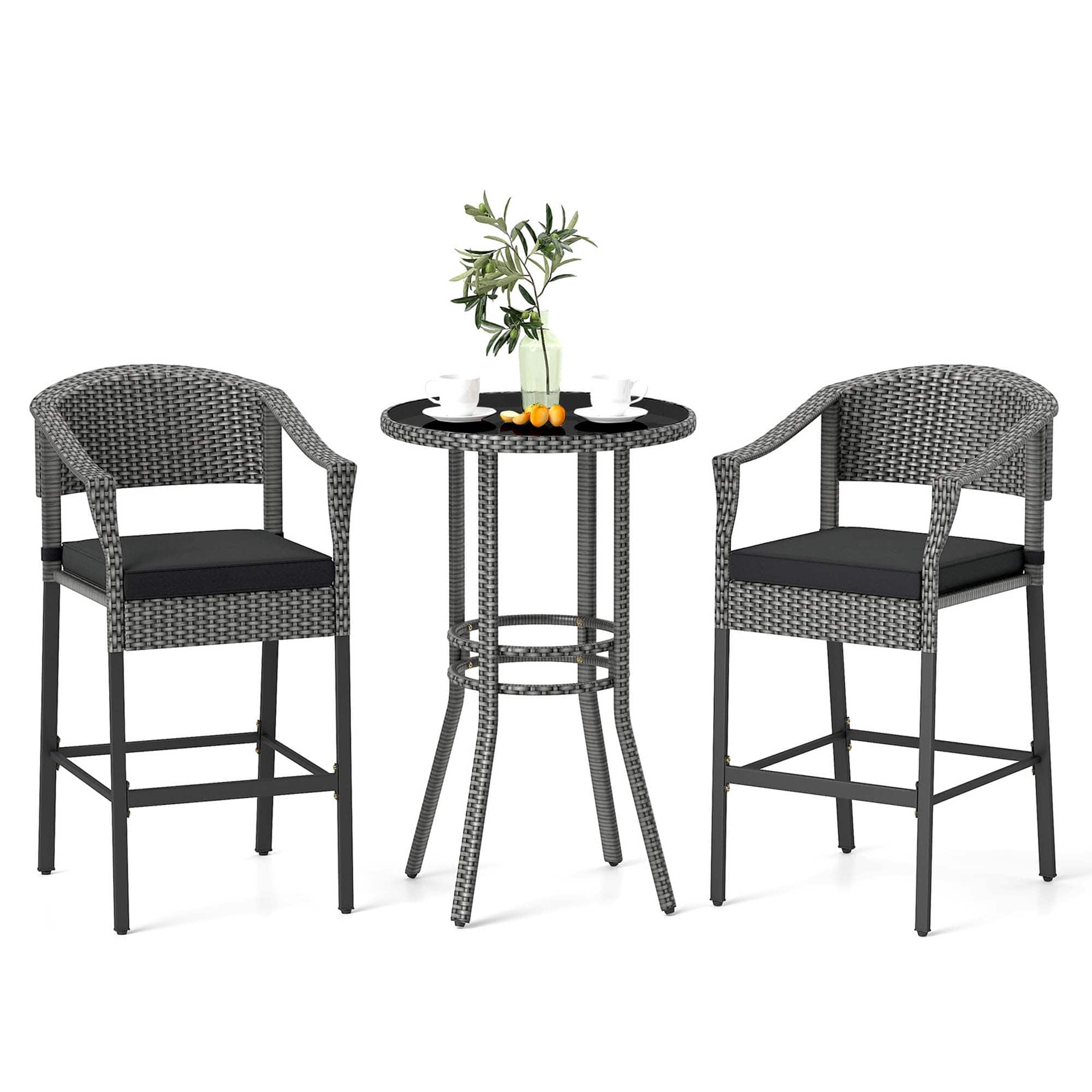 Costway - 3-Piece Patio Rattan Bar Set Wicker Bar Height Armchairs & Round Table - Black