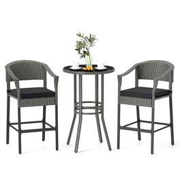 Costway - 3-Piece Patio Rattan Bar Set Wicker Bar Height Armchairs & Round Table - Black