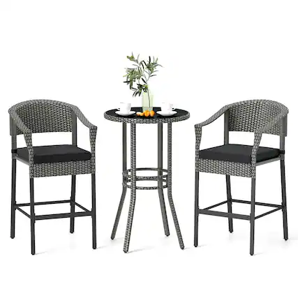 Front. Costway - Costway 3-Piece Patio Rattan Bar Set Wicker Bar Height Armchairs & Round Table - Black.