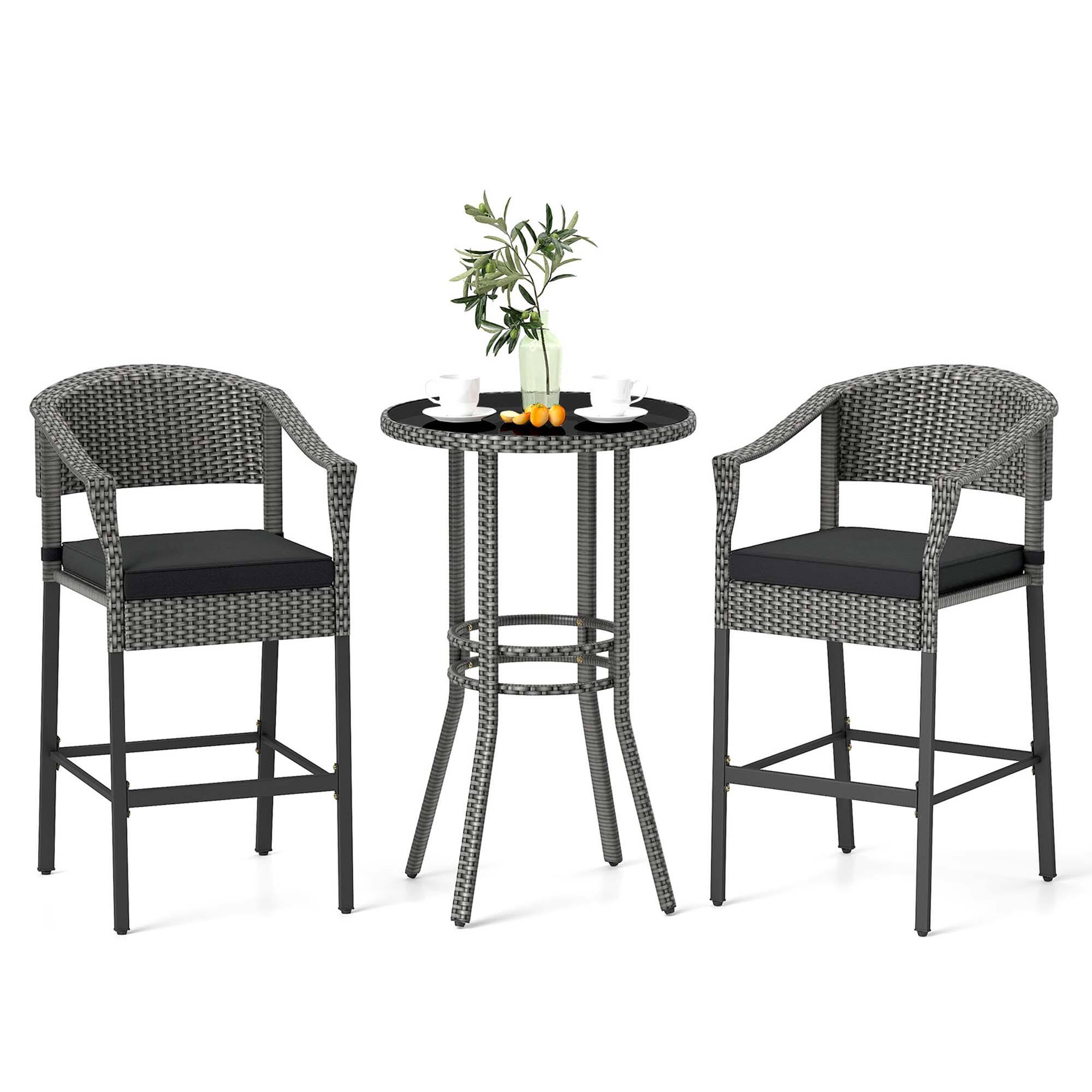 Front. Costway - Costway 3-Piece Patio Rattan Bar Set Wicker Bar Height Armchairs & Round Table - Black.