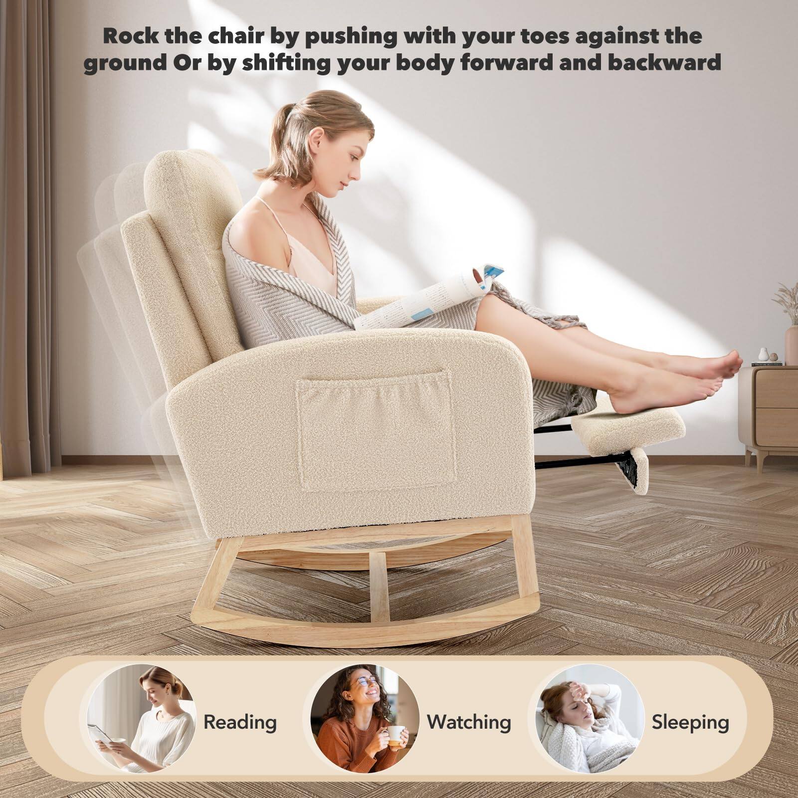 Rock the chair by pushing with your toes against the ground or by shifting your body forward and backward.

Reading  
Watching  
Sleeping