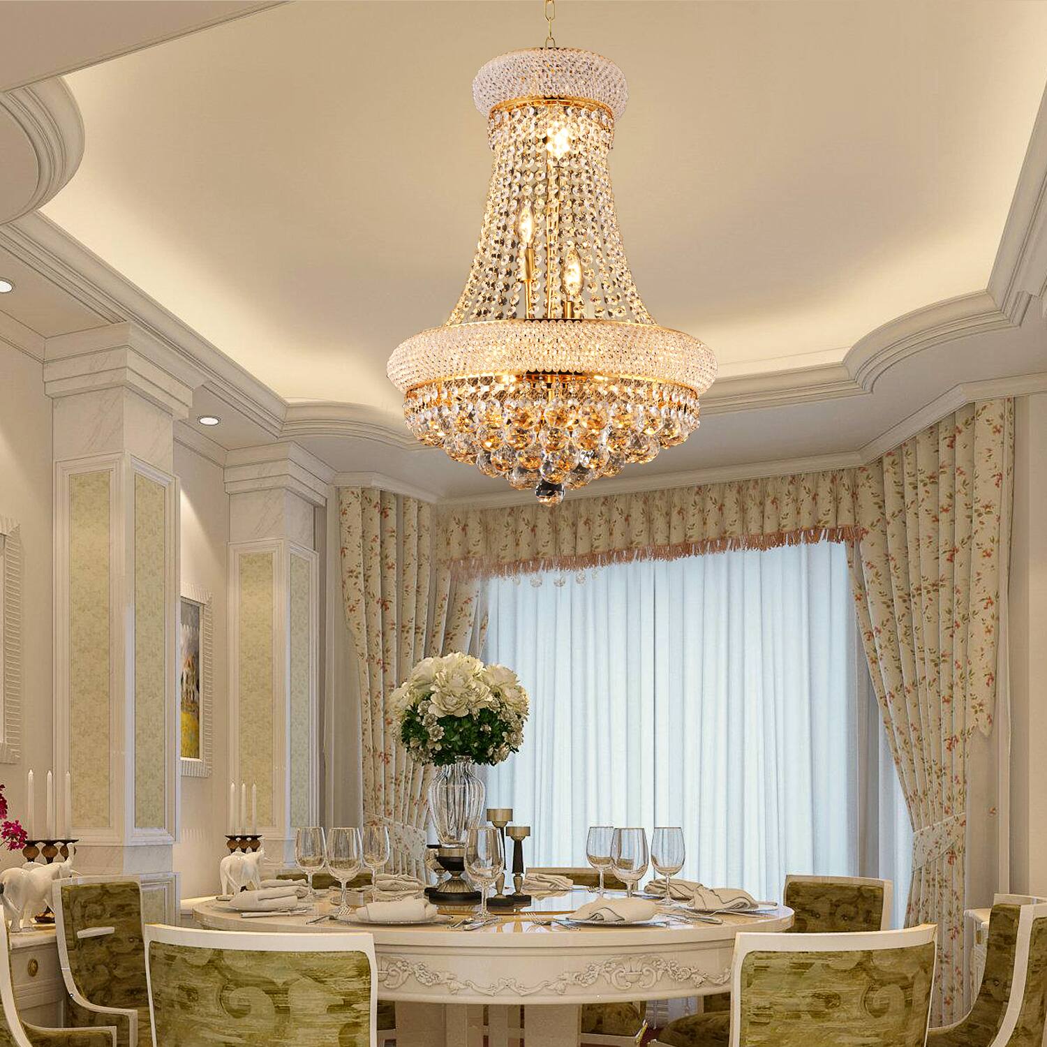 Front. Boyel Living - 18 Inch Gold Crystal Chandelier 9 Light French Empire Style Ceiling Light with LED Bulbs 3000K Warm Light.
