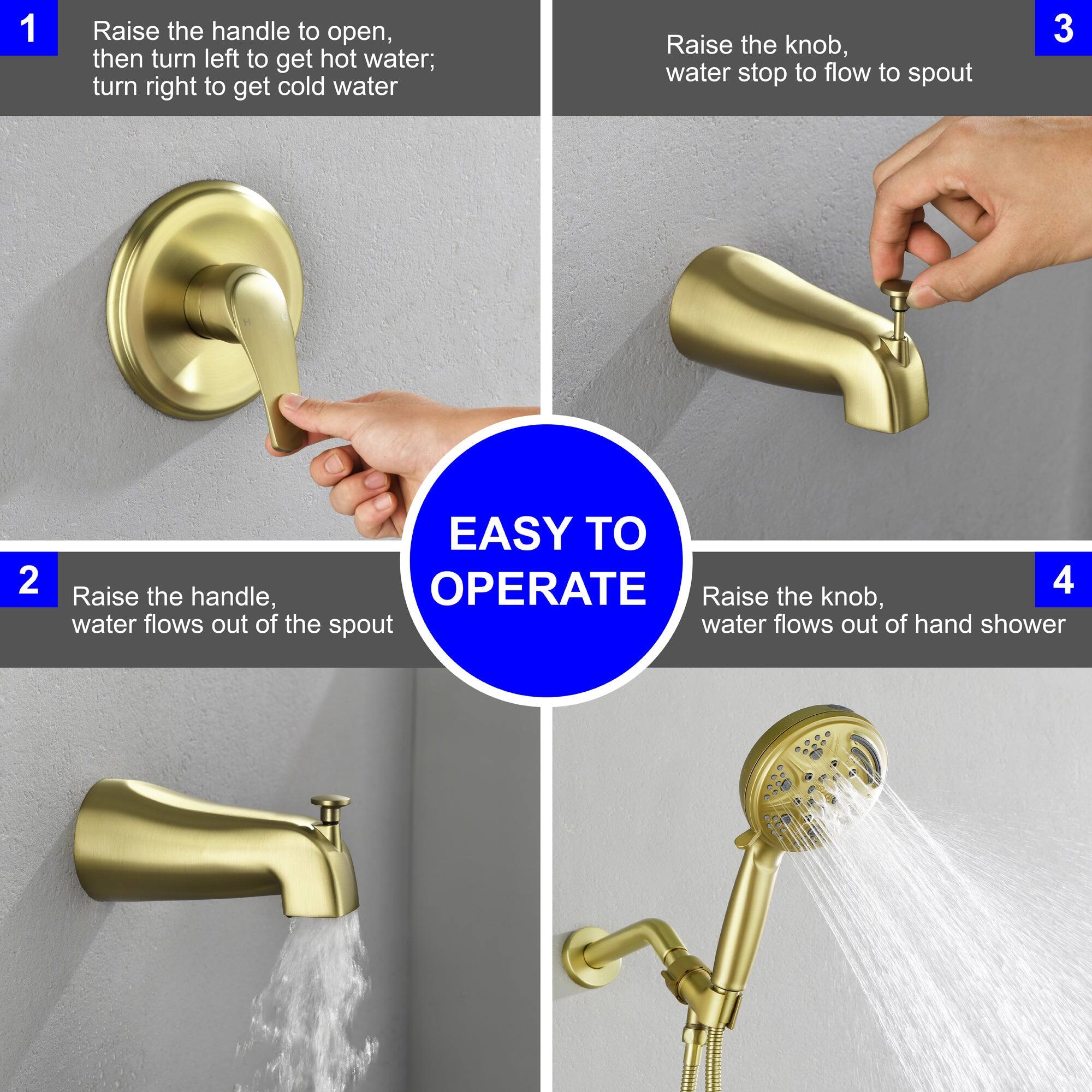 1. Raise the handle to open, then turn left to get hot water; turn right to get cold water.

2. Raise the handle, water flows out of the spout.

3. Raise the knob, water stop to flow to spout.

4. Raise the knob, water flows out of hand shower.