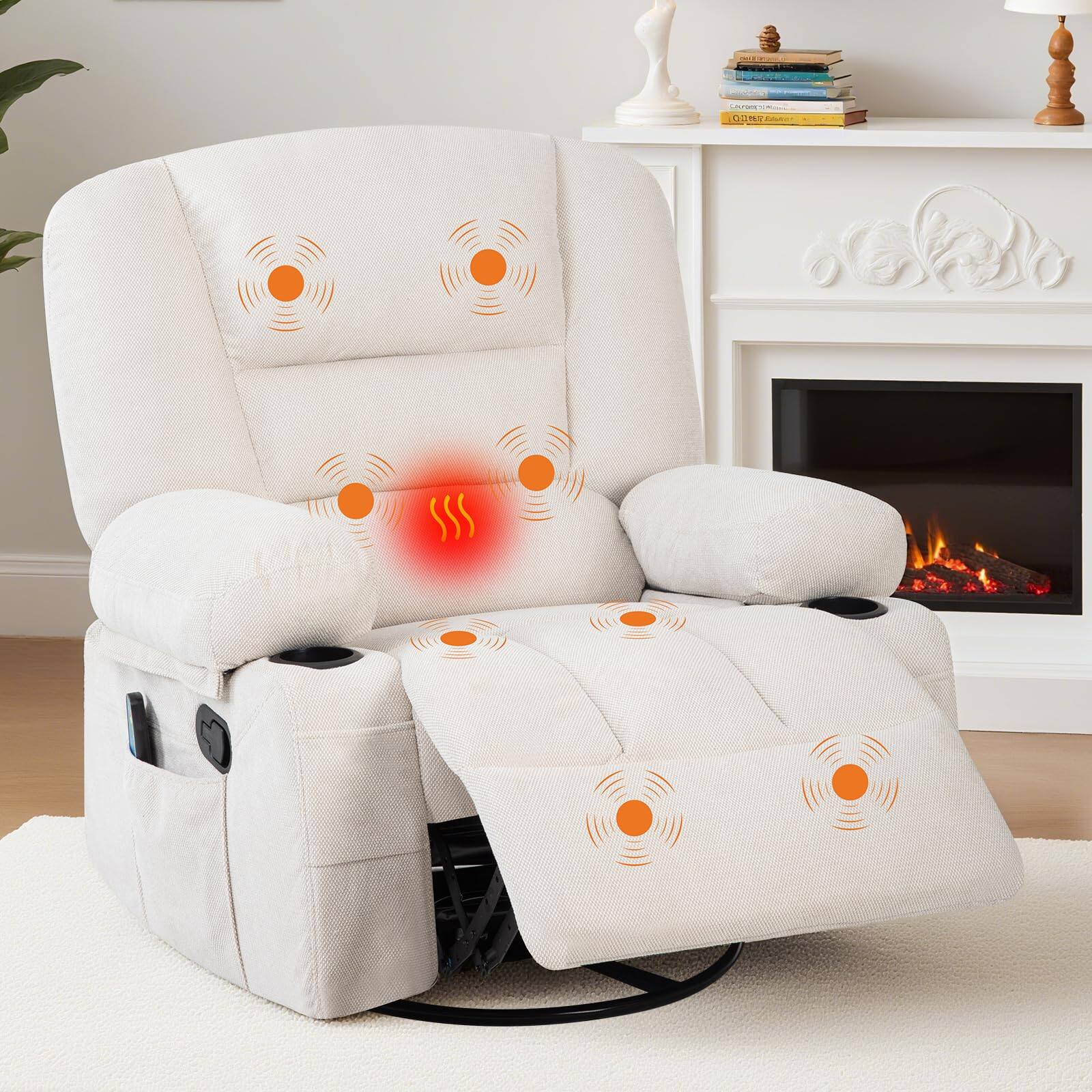 Angle. Babevy - 360° Swivel Recliner Chairs with Massage & Heat, Side Pockets Cup Holders - White.