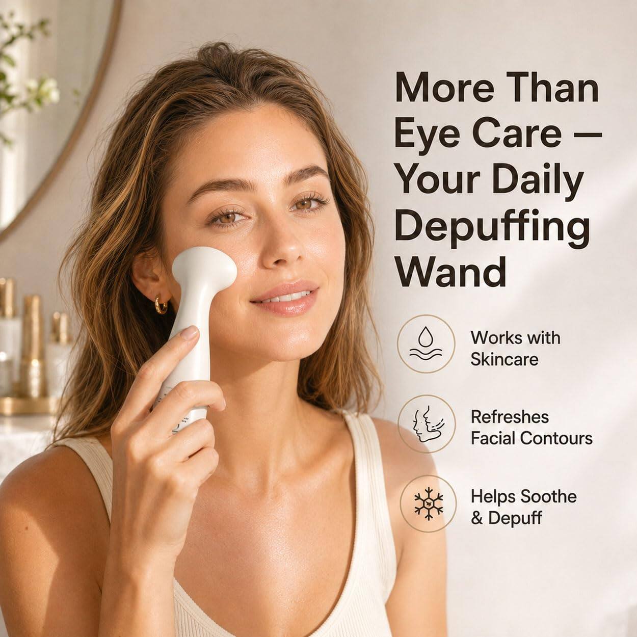 More Than Eye Care - Your Daily Depuffing Wand  
Works with Skincare  
Refreshes Facial Contours  
Helps Soothe & Depuff