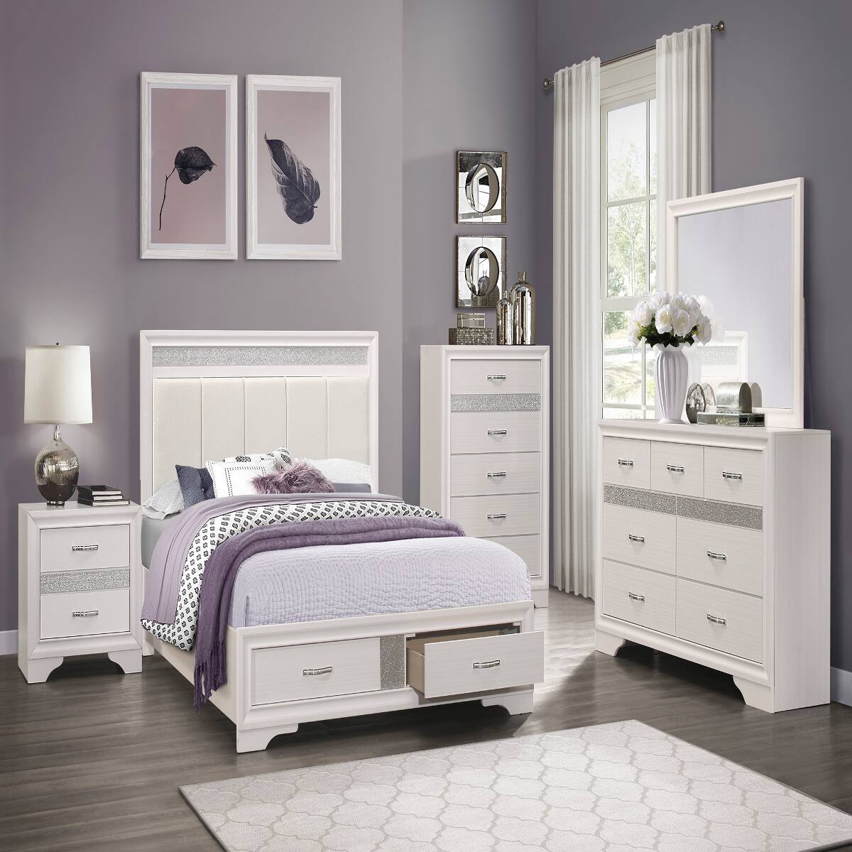 Alt View 3. Loheer - Loheer White Nightstand with Drawers, Hidden Jewelry Storage, Silver Glitter Finish - White and Silver Glitter.