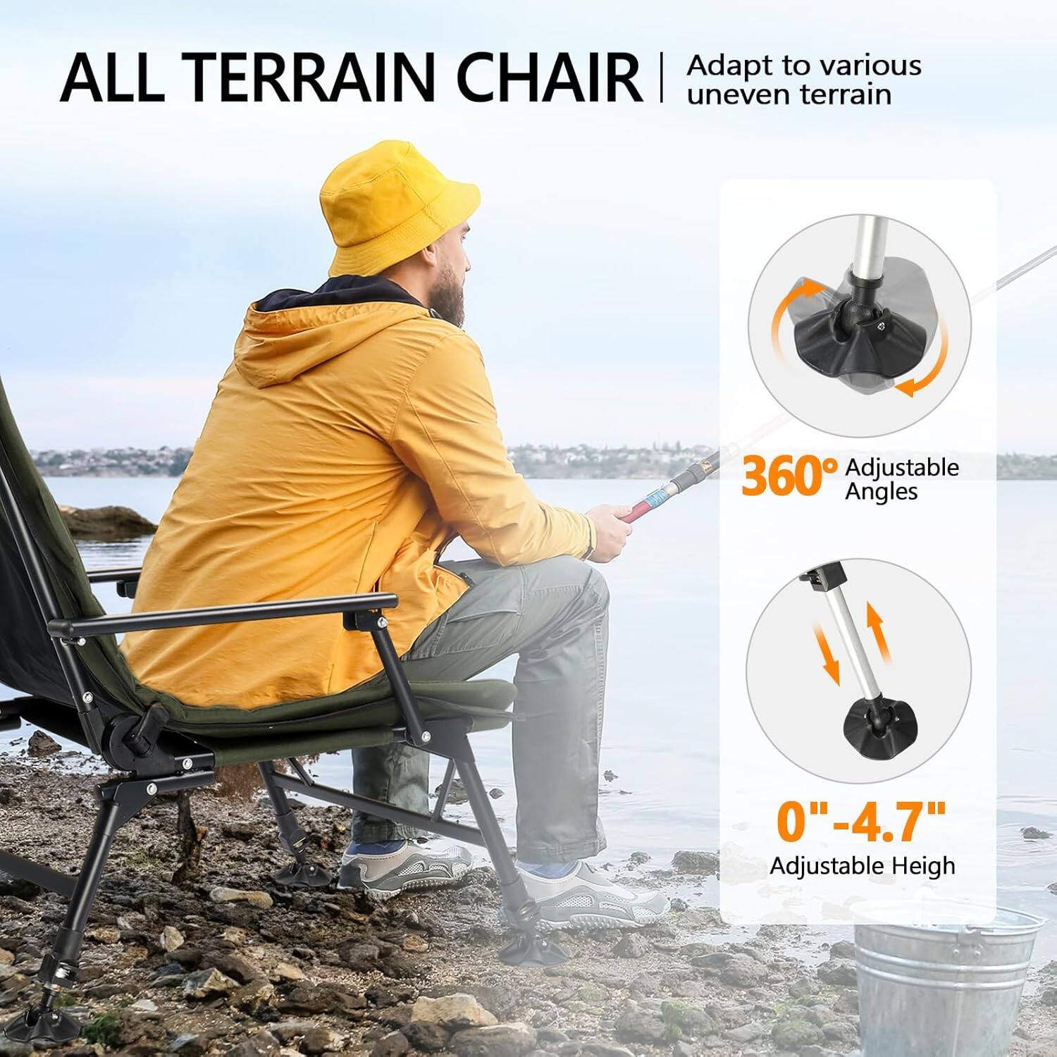 ALL TERRAIN CHAIR  
Adapt to various uneven terrain  
360° Adjustable Angles  
0"-4.7" Adjustable Height