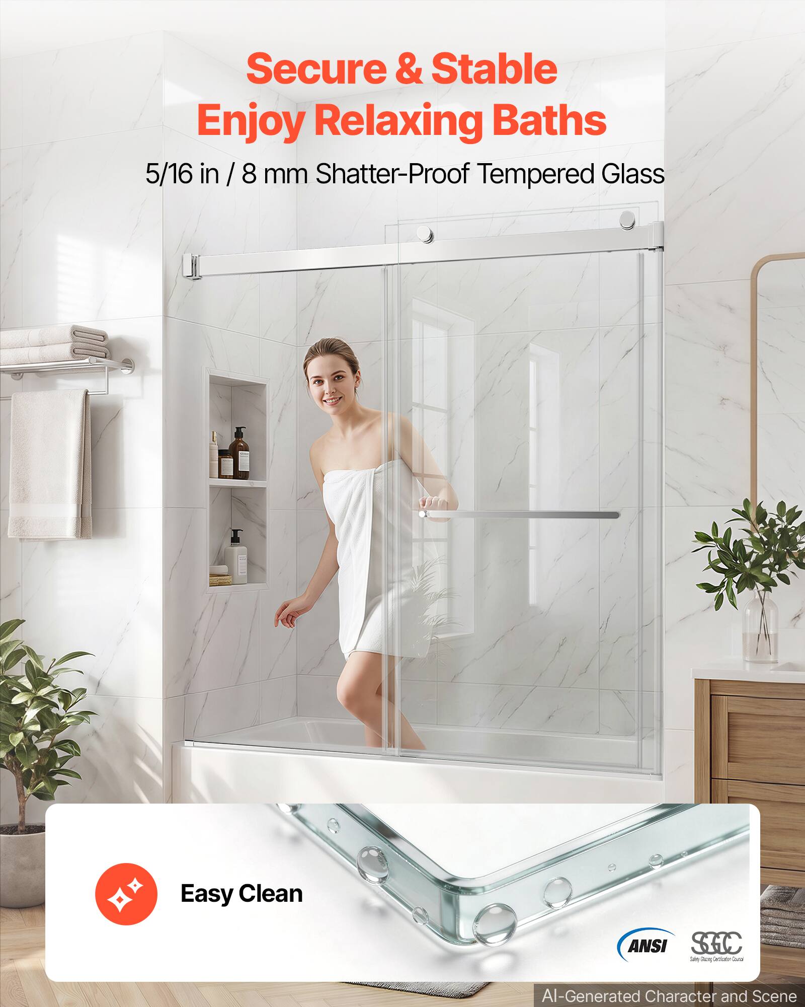 Secure & Stable  
Enjoy Relaxing Baths  
5/16 in / 8 mm Shatter-Proof Tempered Glass  
Easy Clean  
ANSI  
AI-Generated Character and Scene