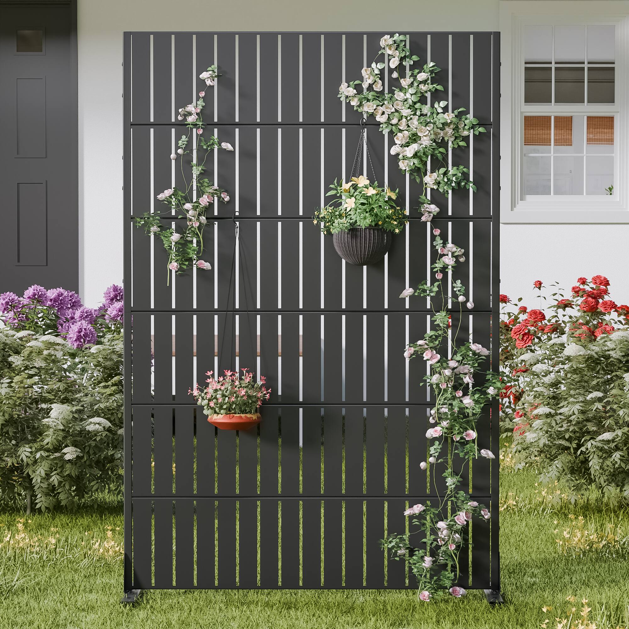 Alt View 2. PexFix - 72 in. x 47 in. Slat Pattern Metal Outdoor Privacy Screen & Panels, Freestanding Garden Divider Fence - Black.