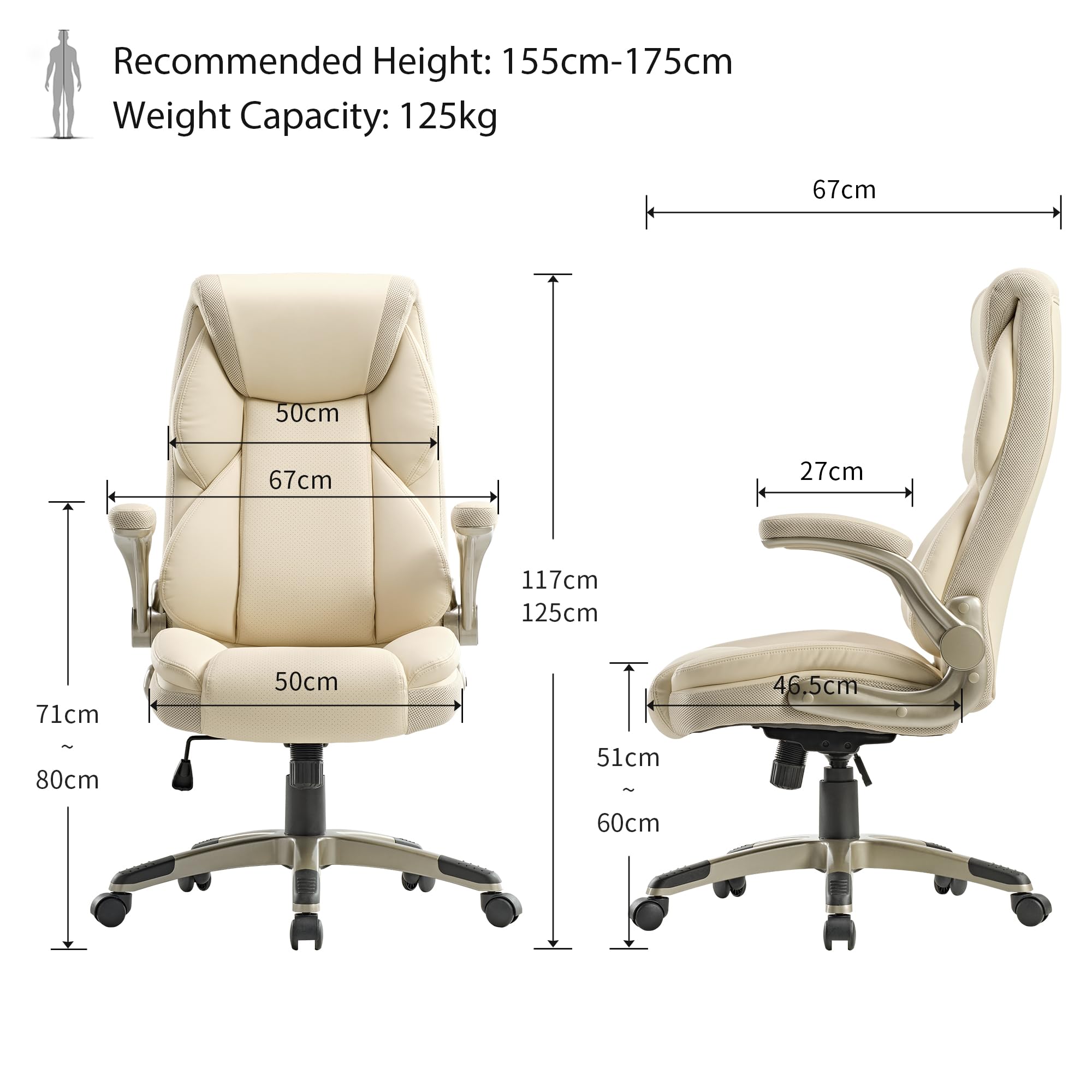 Recommended Height: 155cm-175cm
Weight Capacity: 125kg

67cm
50cm
67cm
27cm
117cm
125cm
71cm
50cm
46.5cm
80cm
51cm
60cm