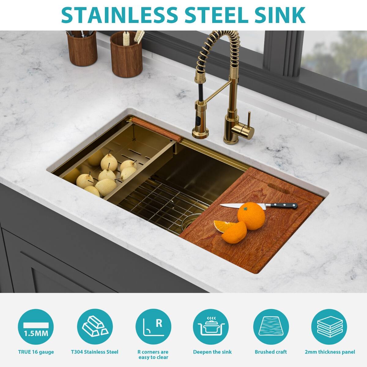 Ropilly 36 inch undermount workstation kitchen sink, single bowl, 16 ...