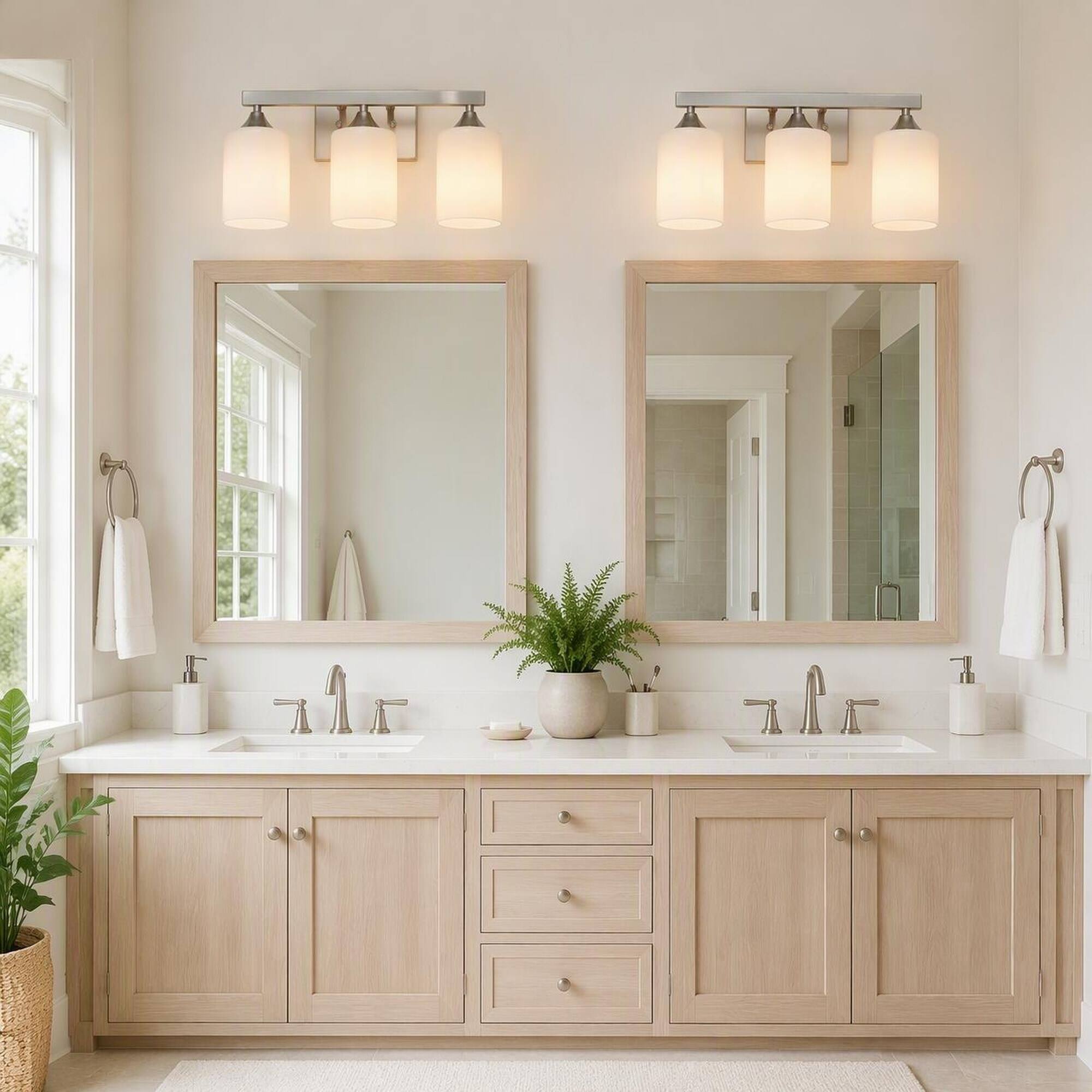 Back. RYHNUYNE - 3-Light Brushed Nickel Bathroom Vanity Light with Frosted Cylinder Shades, Damp-Rated Wall Sconce.
