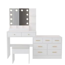 Winado - Large Vanity Desk Set with Stool & Built in Power Outlet,10 LED 3 Colors Lights Bulbs Makeup Table and 9 Drawer Dresser - White