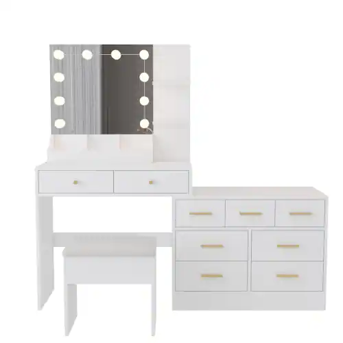 Front. Winado - Vanity Desk with Mirror Power Outlet 10 LED Lights Makeup Table 9 Drawer Dresser - White.