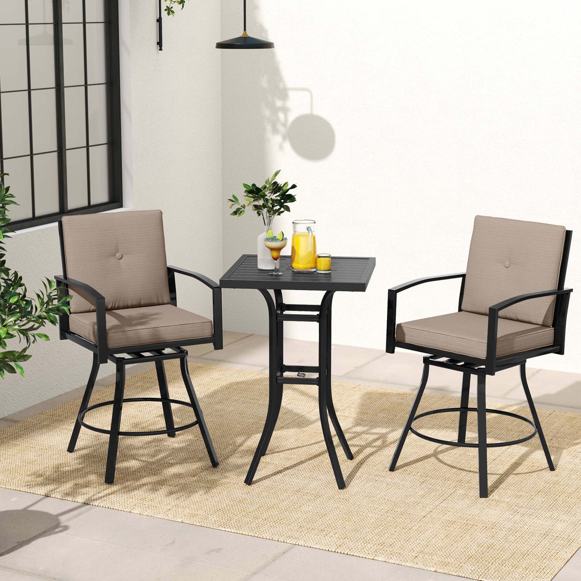Angle. Costway - 3 PCS Patio Swivel Bar Set Table and Chairs Set with Soft Cushions & Umbrella Hole - Brown,Black.
