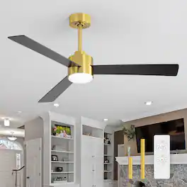 Breezary - 52" Indoor Ceiling Fan, 3 Plywood Blades, 6-Speed DC Motor, Remote & Timer, 5" & 10" Downrods, LED Light/No Light Option - Gold and Black (With Light)