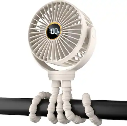 Front. PRIMEPLUS - Portable Stroller Fan – 3-Speed, 360° Rotating Head, 2000mAh, Flexible Tripod Clip for Bike Treadmill Car Seat Wagon - Beige.