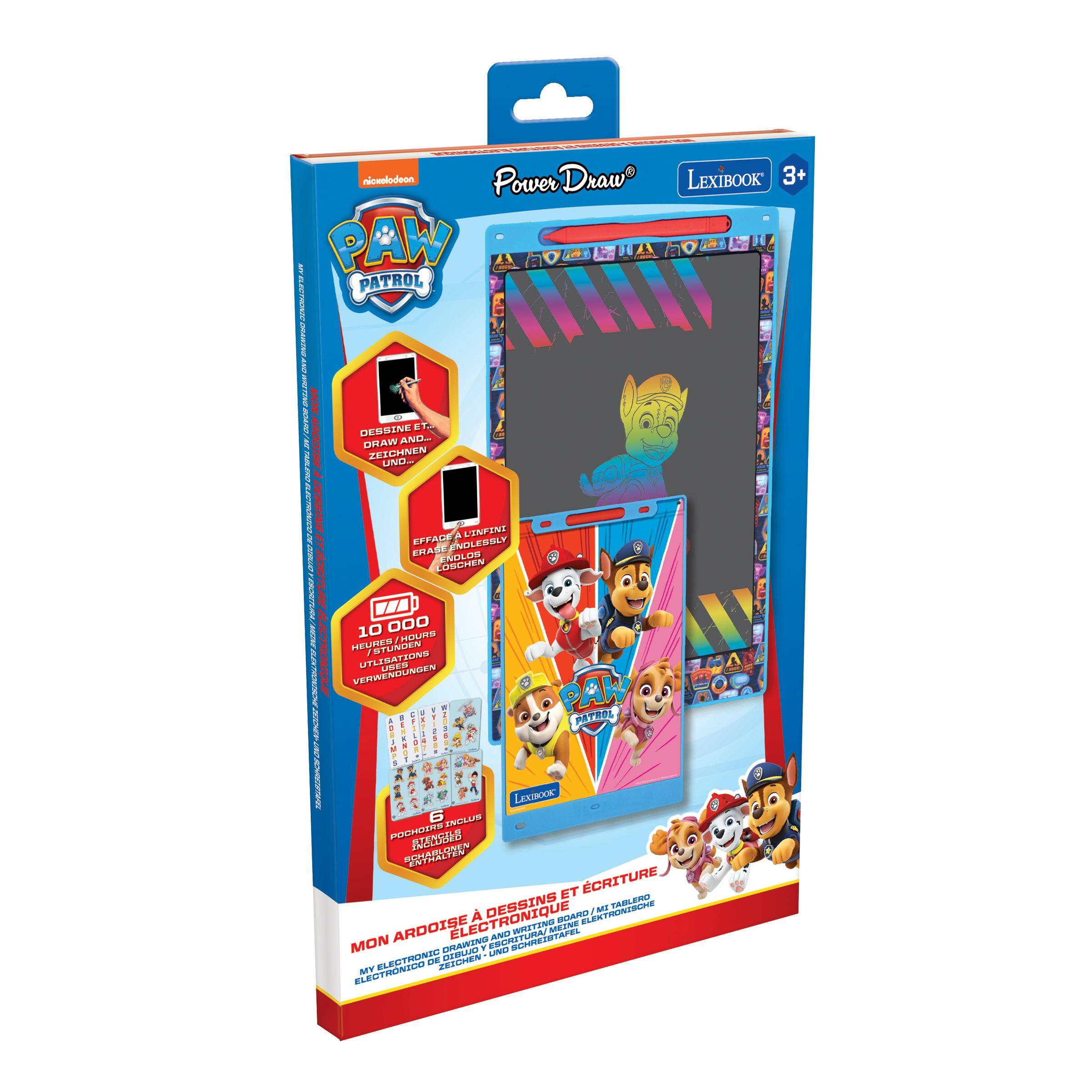 nickelodeon. Power Draw LEXIBOOK 3+ DE PAW PATROL ECTIONTE ENZAIRES  
DESSINE ET. DRAW AND... ZEICHNEN UND...  
EFFACE A L'INFINI ERASE ENDLESSLY LOSCHEN ENDLOS  
10 HEURES / HOURS STUNDEN UTILISATIONS VERWENDUNGEN  
PAW PATROL  
LEXIBOOK 6 INCLUSE POCHOIRS INCLUDED SCHABLOGEN ET CRITURE TABLERO ELECTRONIQUE DESSINS BOARD ELEXTRONISCHE MI ARDOISE AND SCHREISTAFEL WRITING MON DRAWING CLUBIO Y UND ELECTRONICO MY EL LECTRONIC DE ZEICHEN